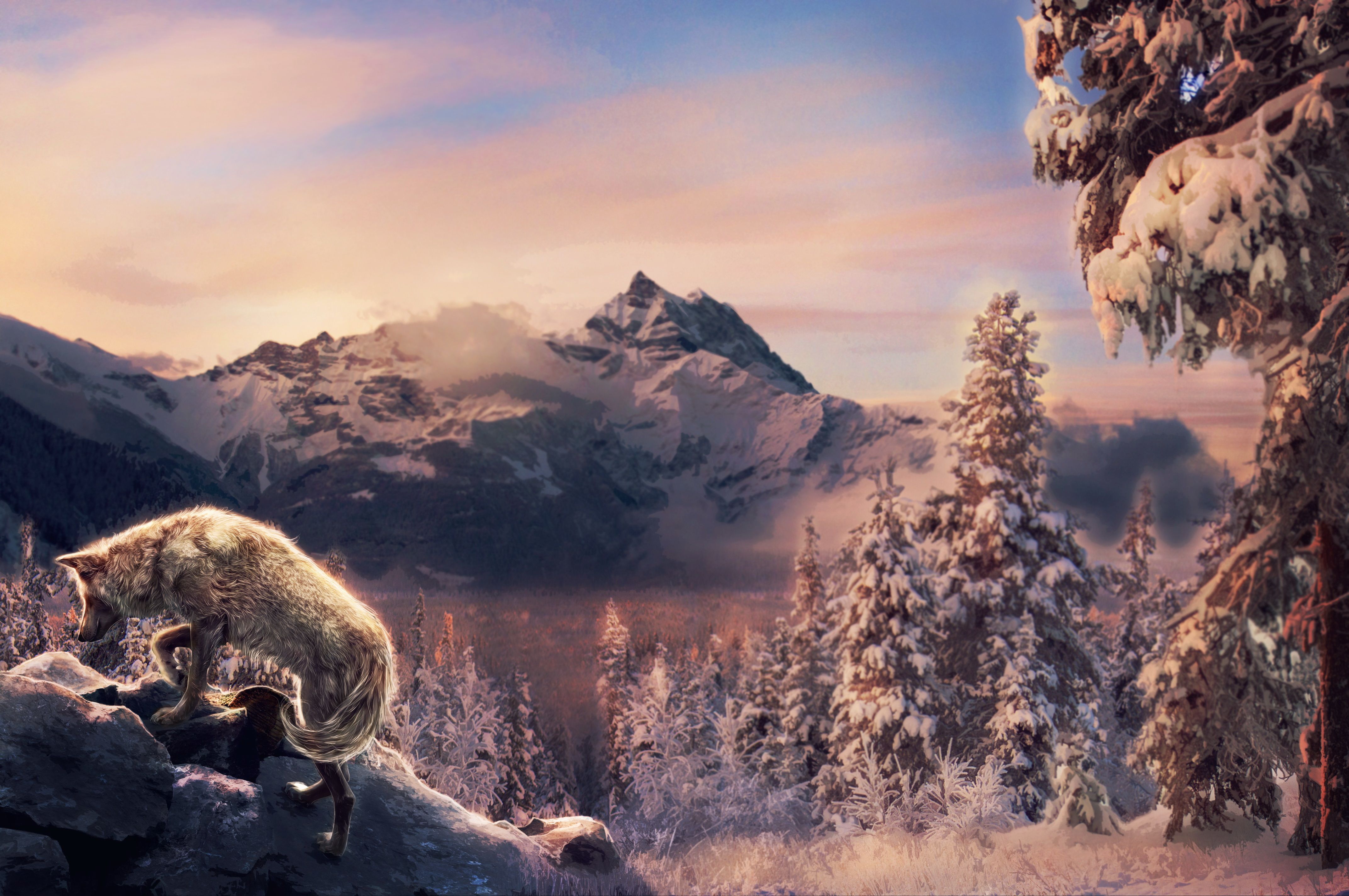 4288x2848 Winter Wolf's Realm: A 4K Fantasy Mountain Landscape in Ultra HDx2848