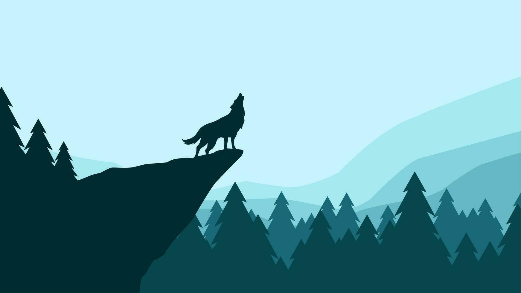 1742x980 Wildlife wolf landscape in the cliff vector illustration. Wolf howling in full moon night illustration. Wildlife landscape for background, wallpaper or landing page. Pine forest wildlife in the night 29735384 Vector Art