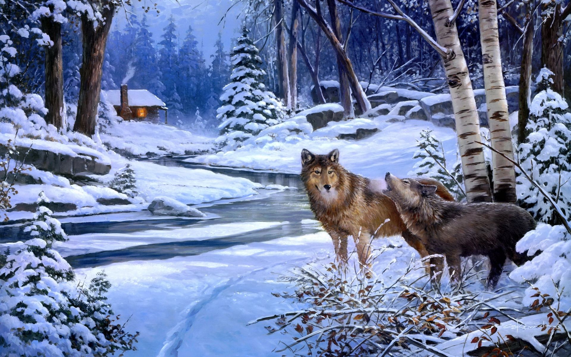 1920x1200 wolves, Wolf, Art, Paintings, Landscapes, Winter, Snow, Rivers, Cabin, Houses, Rustic, Trees, Forest, Woods Wallpaper HD / Desktop and Mobile Background