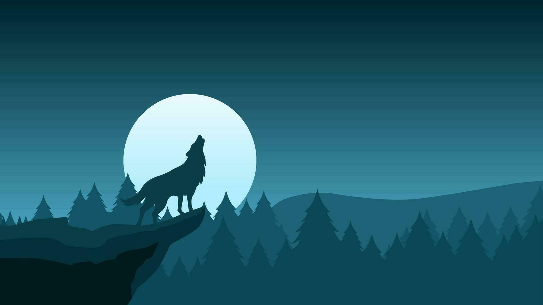 1742x980 Wildlife wolf landscape in the cliff vector illustration. Wolf howling in full moon night illustration. Wildlife landscape for background, wallpaper or landing page. Pine forest wildlife in the night 29435812 Vector Art