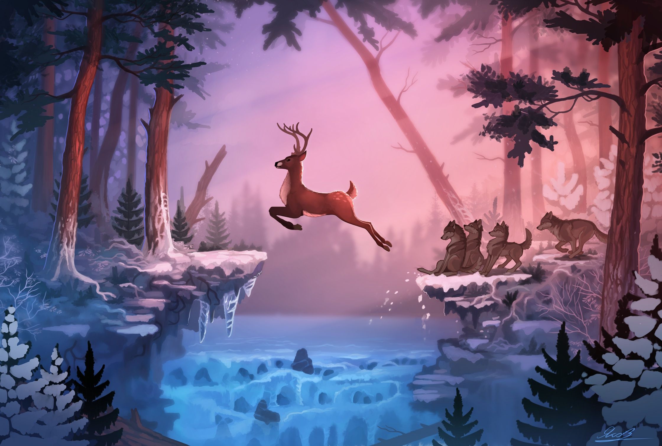 2240x1510 Phone wallpaper: Wolf, Deer, Fantasy, Landscape, Winter, Fantasy Animals 412355