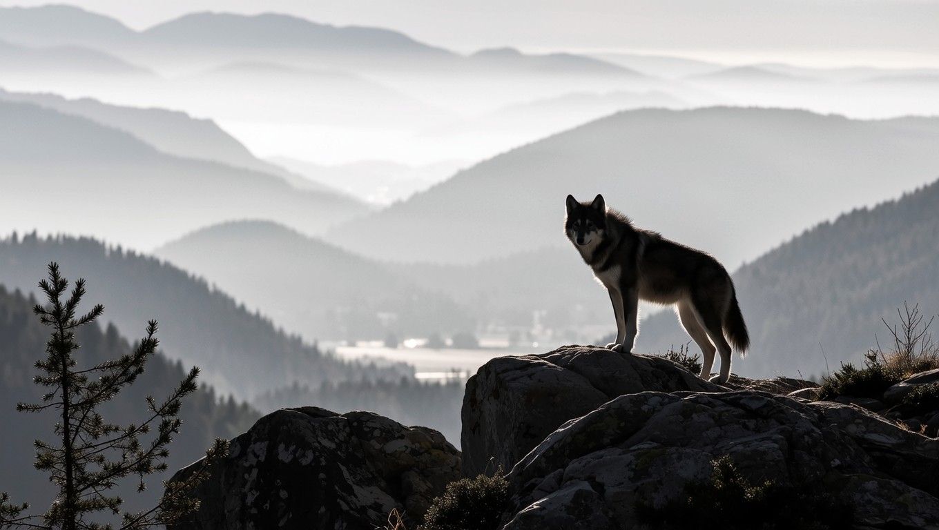 1360x768 Download Wilderness Wolf Watching Image, Silhouette, Mountains