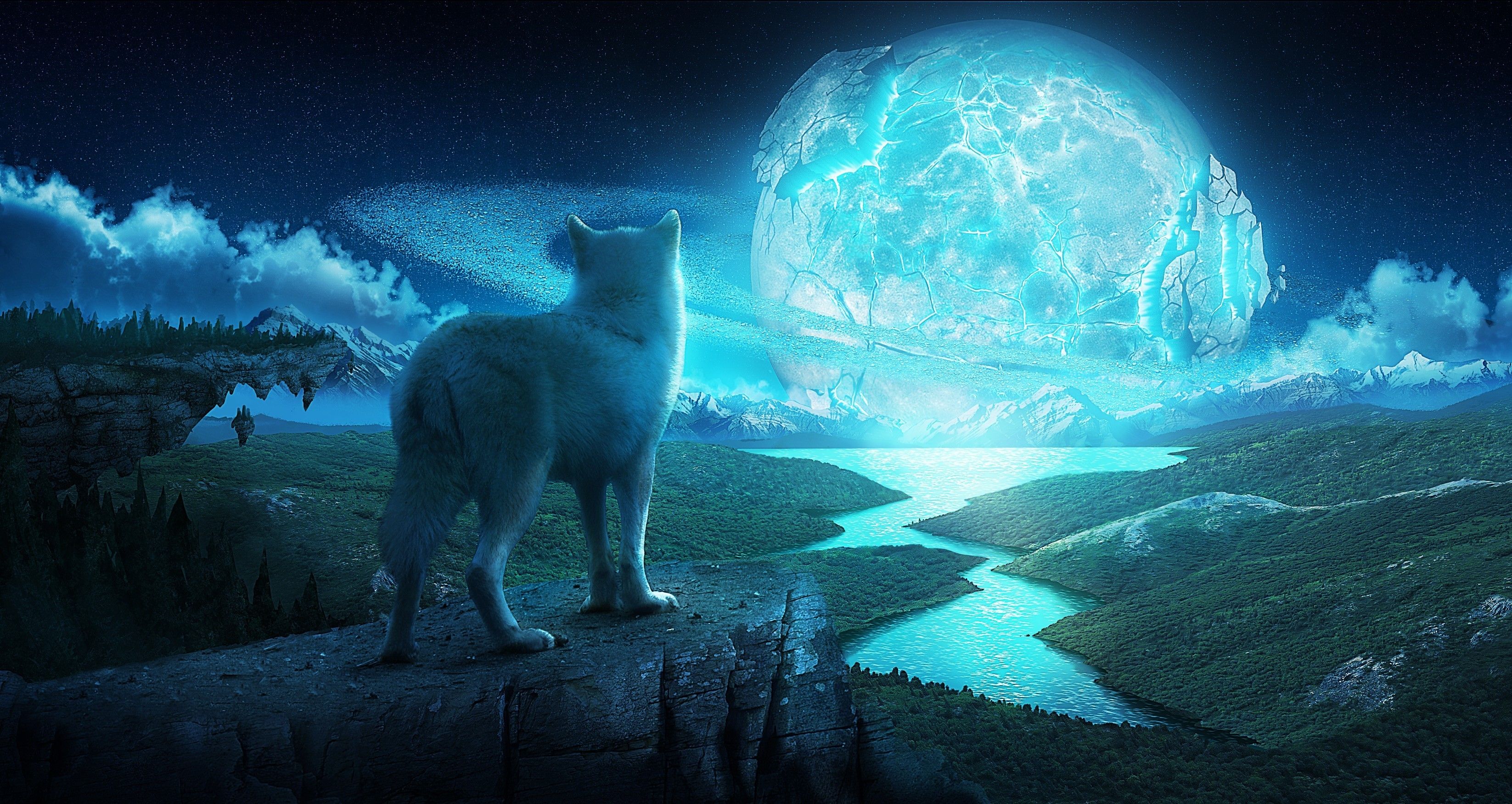 3293x1752 Desktop wallpaper: Fantasy, River, Landscape, Wolves, Wolf, Animal, Sun 4K free download for PC. 270860
