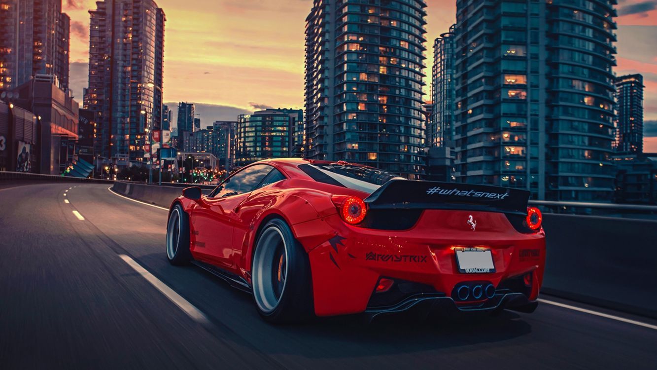 1333x750 Wallpaper Red Ferrari 458 Italia on Road Near City Buildings During Night Time, Background Free Image