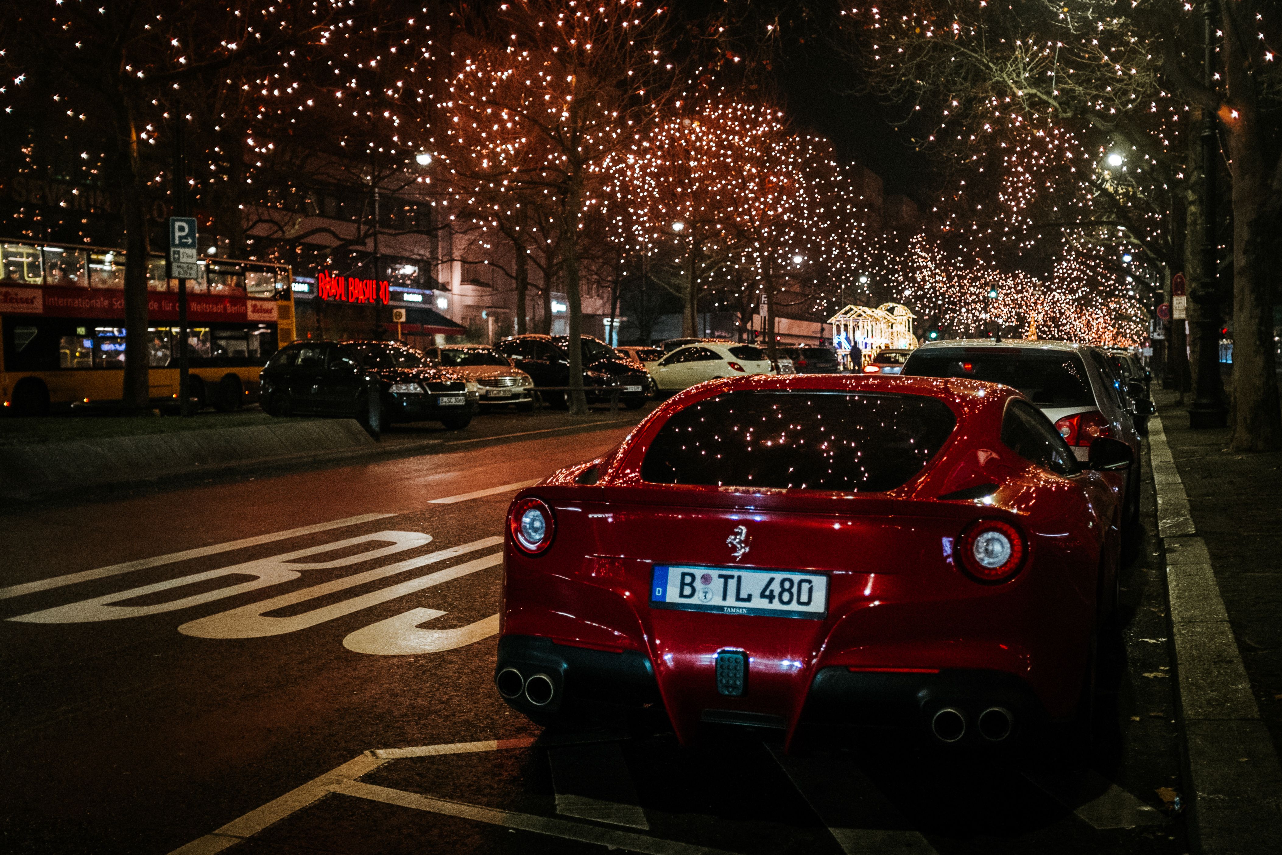 4210x2807 Desktop wallpaper: Cars, Back View, Night City, Ferrari, Rear View, Scenery 4K free download for PC. 106396