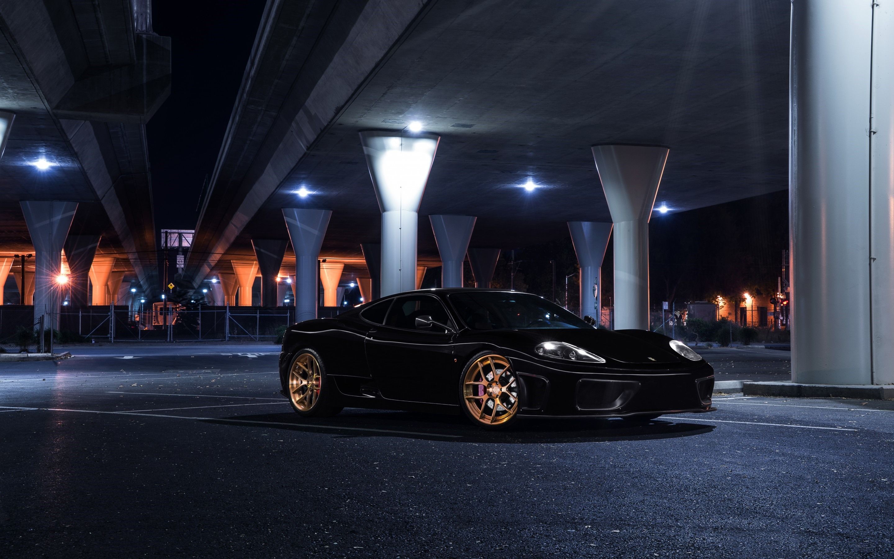 2880x1800 Wallpaper Ferrari black car at night, bridge, lights 2880x1800 Picture, Image