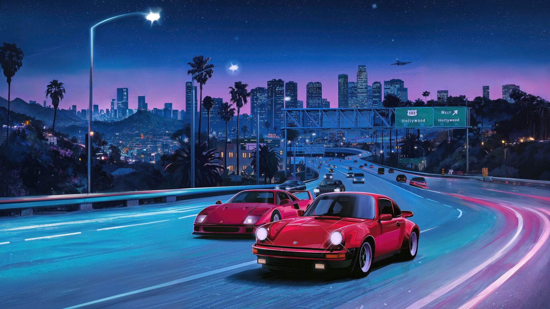 1920x1080 Ferrari Car Road Hollywood Night City Scenery Wallpaper 4K HD PC n