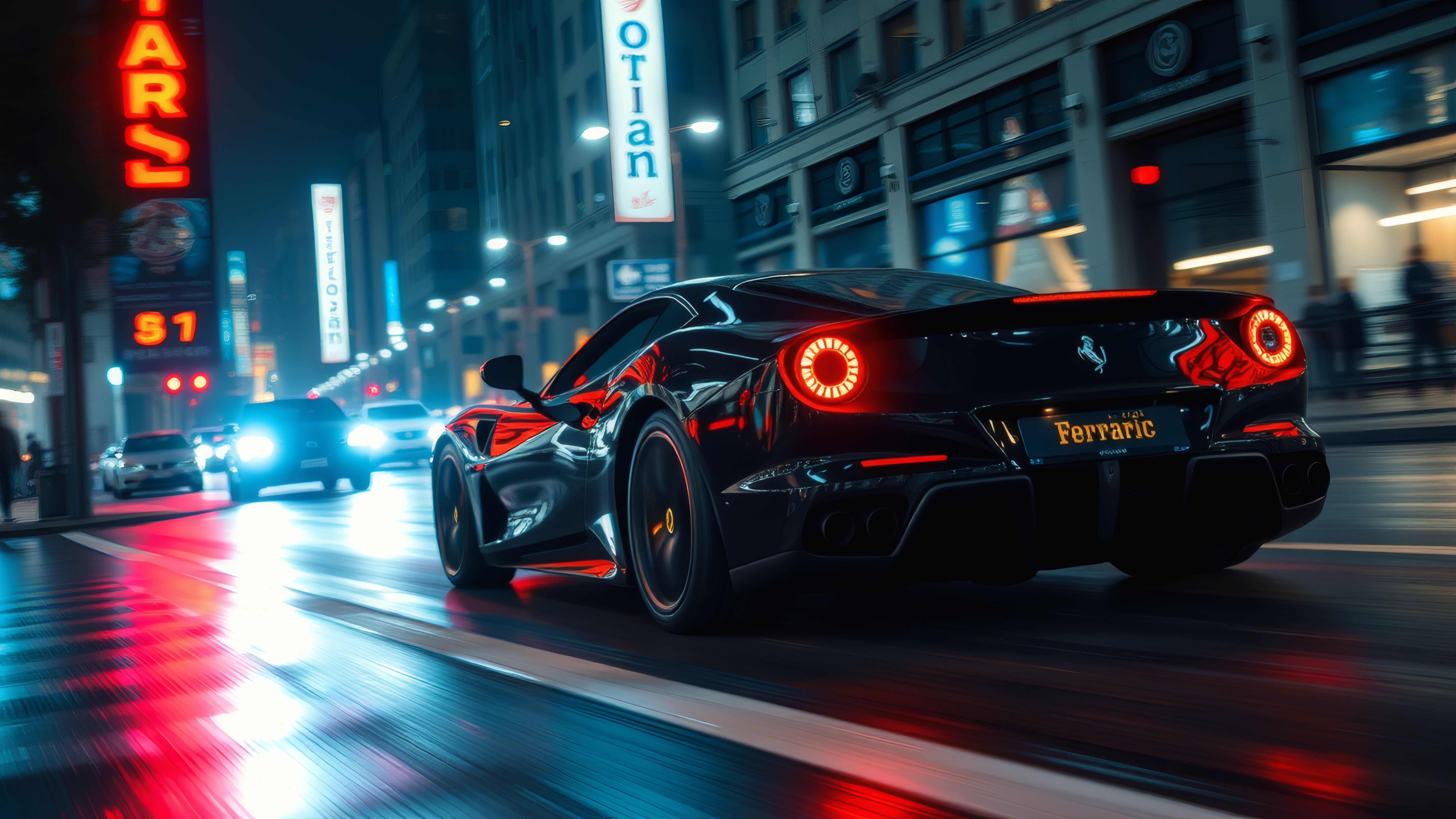 7680x4320 A sleek black Ferrari speeding down a wet city street at night