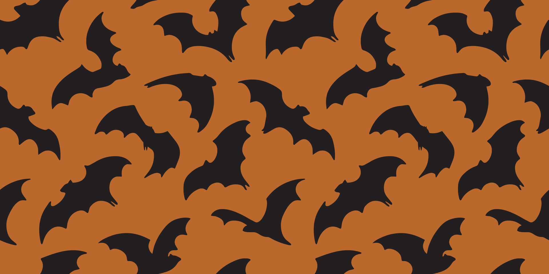 1920x960 Halloween bat seamless pattern. Bats for horror night holiday on orange background. Halloween black flying vampire bats pattern. Halloween print for fabric, wrapping paper, wallpaper, background