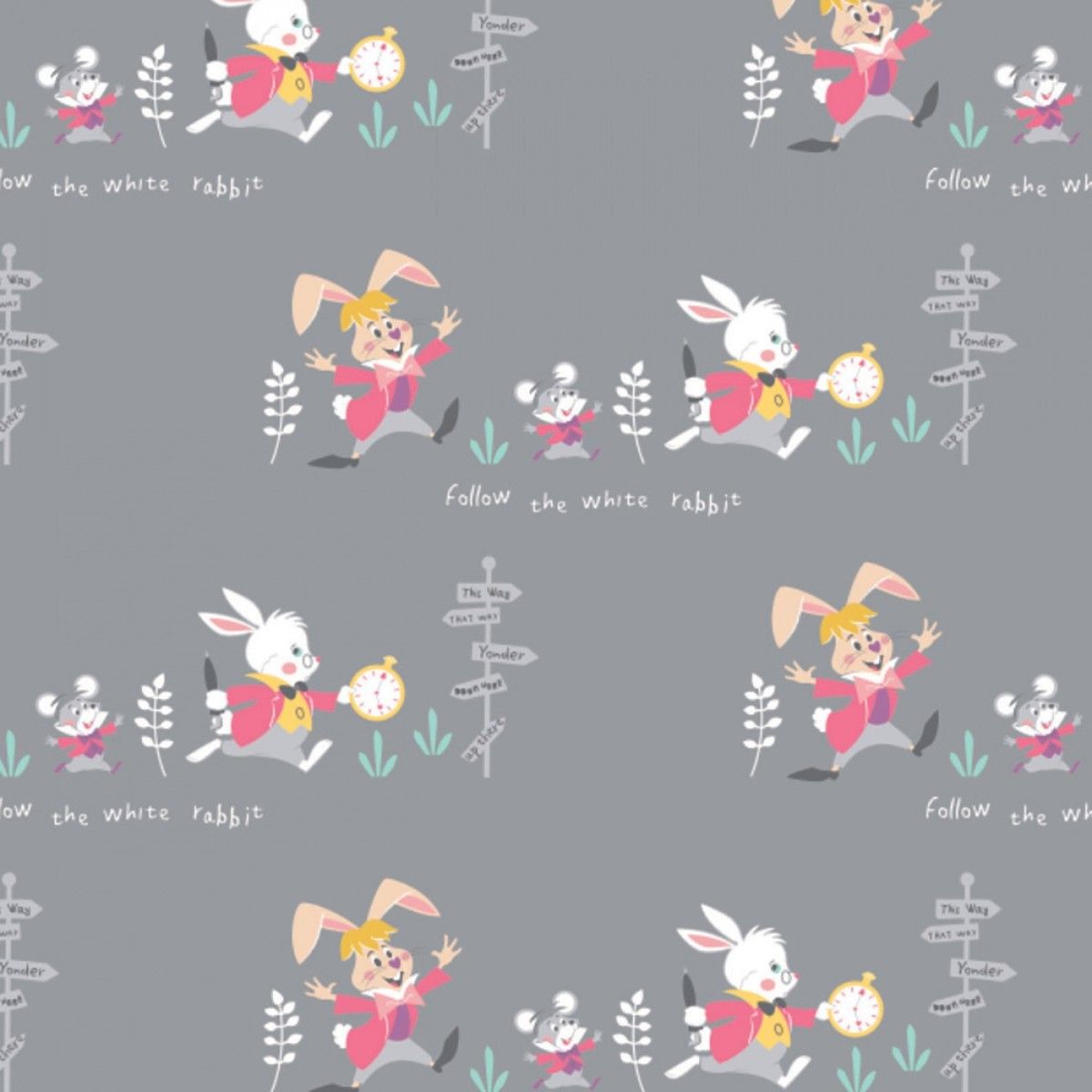 1200x1200 Disney's Alice in Wonderland Follow the Rabbit Grey Cotton