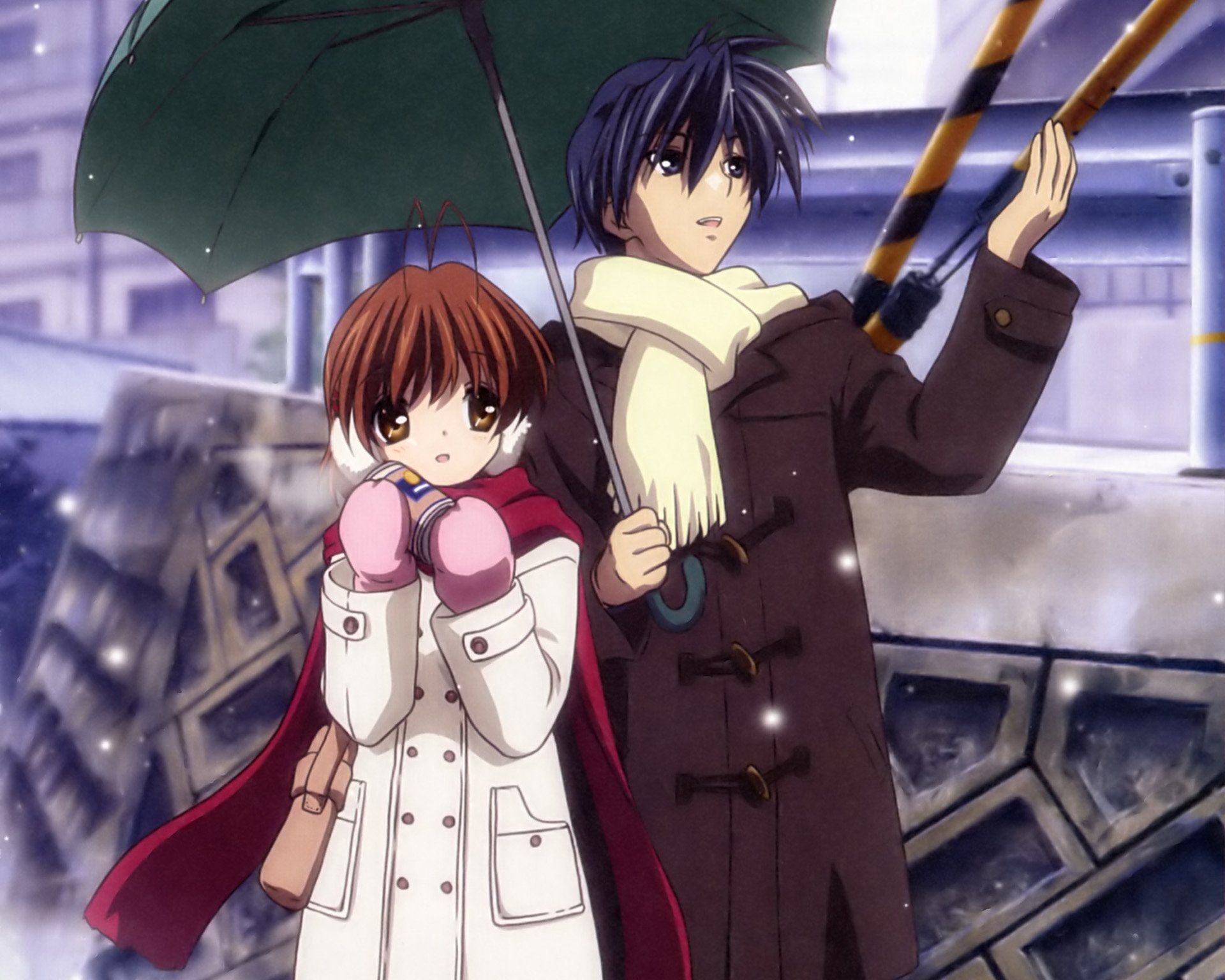 1920x1536 Clannad HD Wallpaper: Tomoya & Nagisa's Winter Umbrella Momentx1536