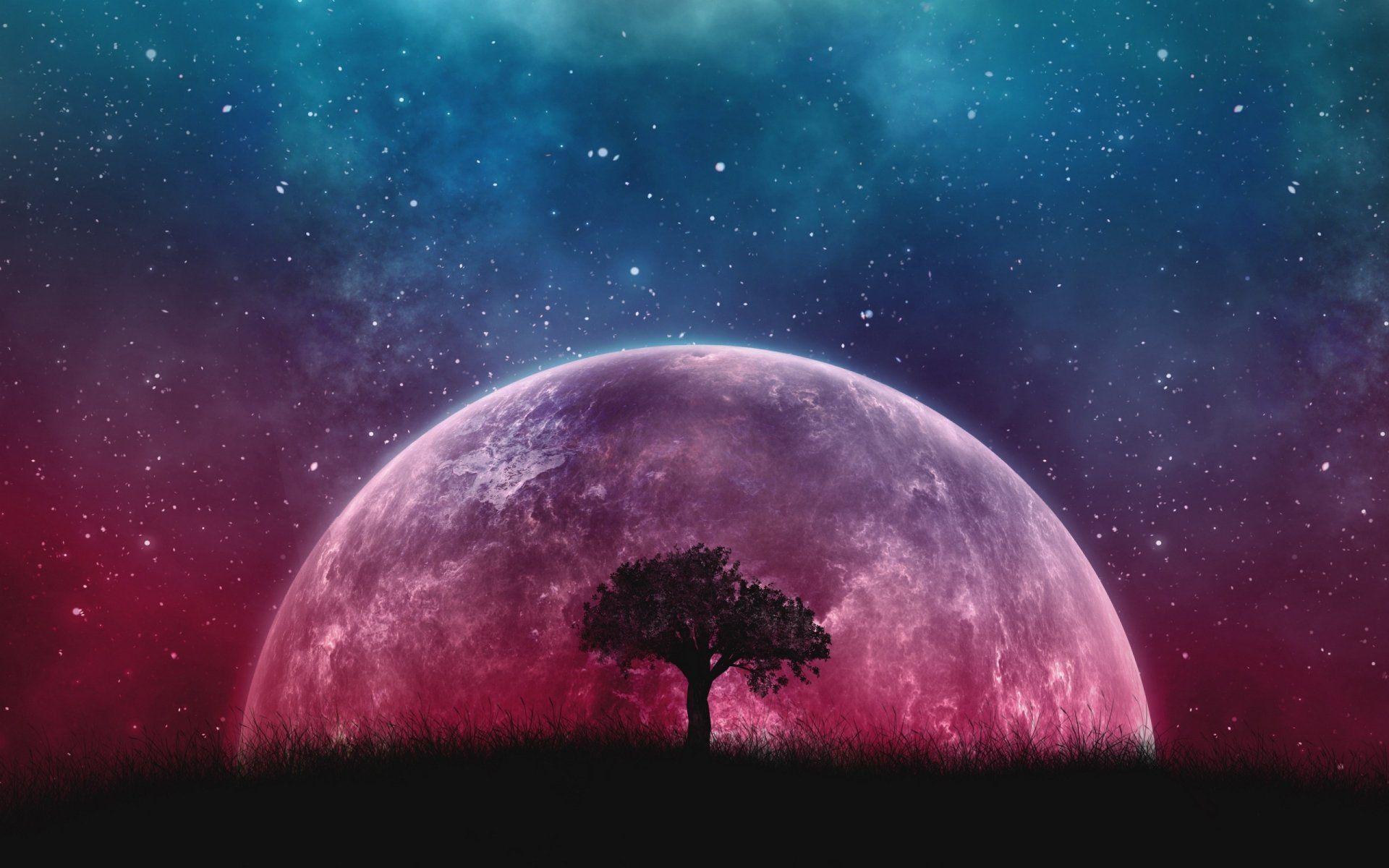 1920x1200 Download Tree Night Sky Pink Star Planet Sci Fi Planet Rise HD Wallpaperx1600