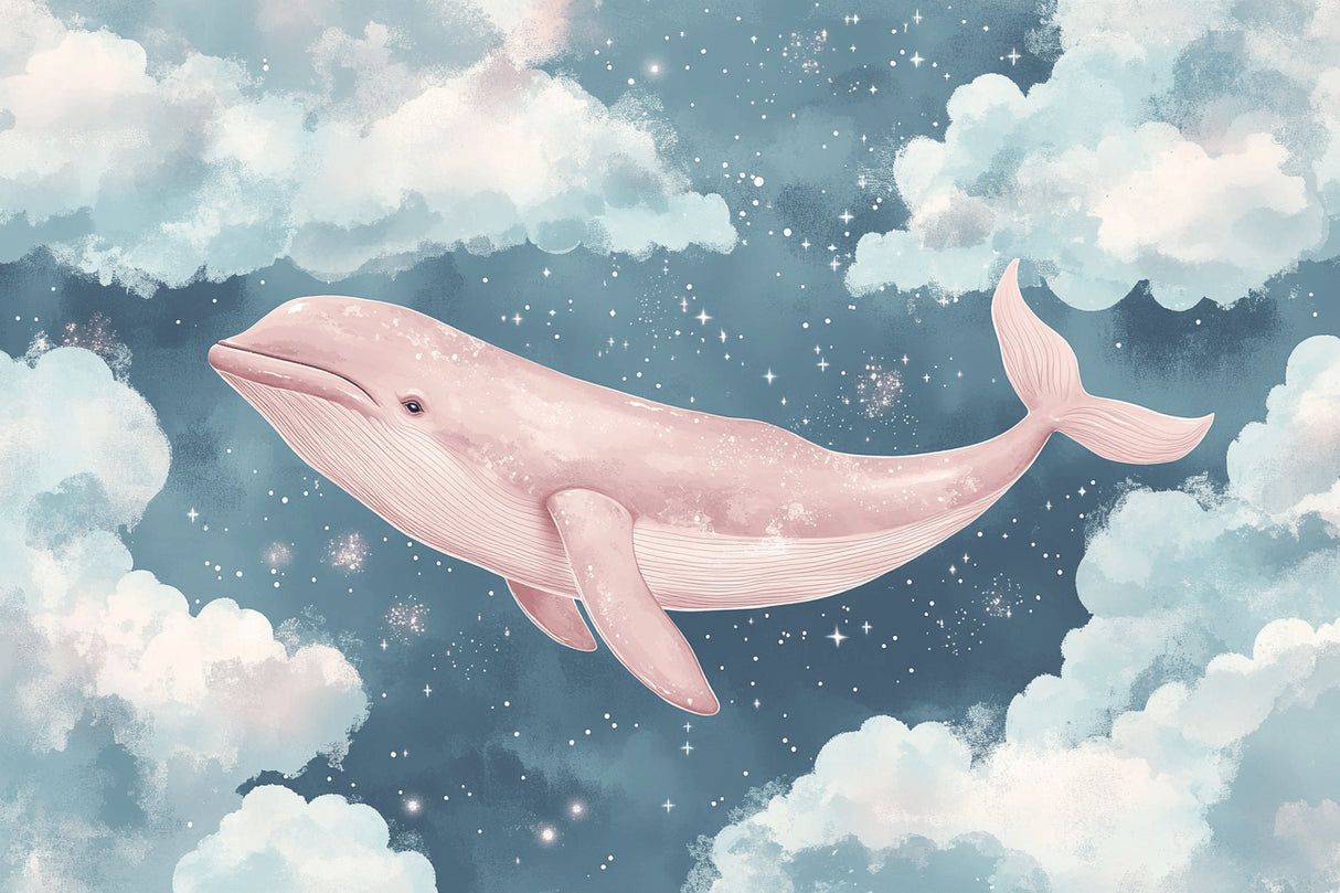 1214x809 Marine Animals Mural Wallpaper. Pink Whale in Starry Night Sky