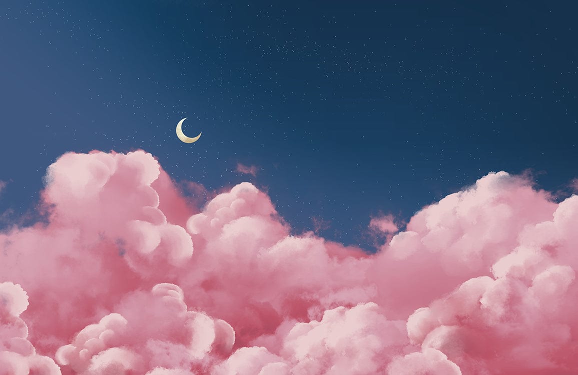 1155x750 Dreamy Pink Cloudscape Night Sky Mural Wallpaper with Crescent Moon Design