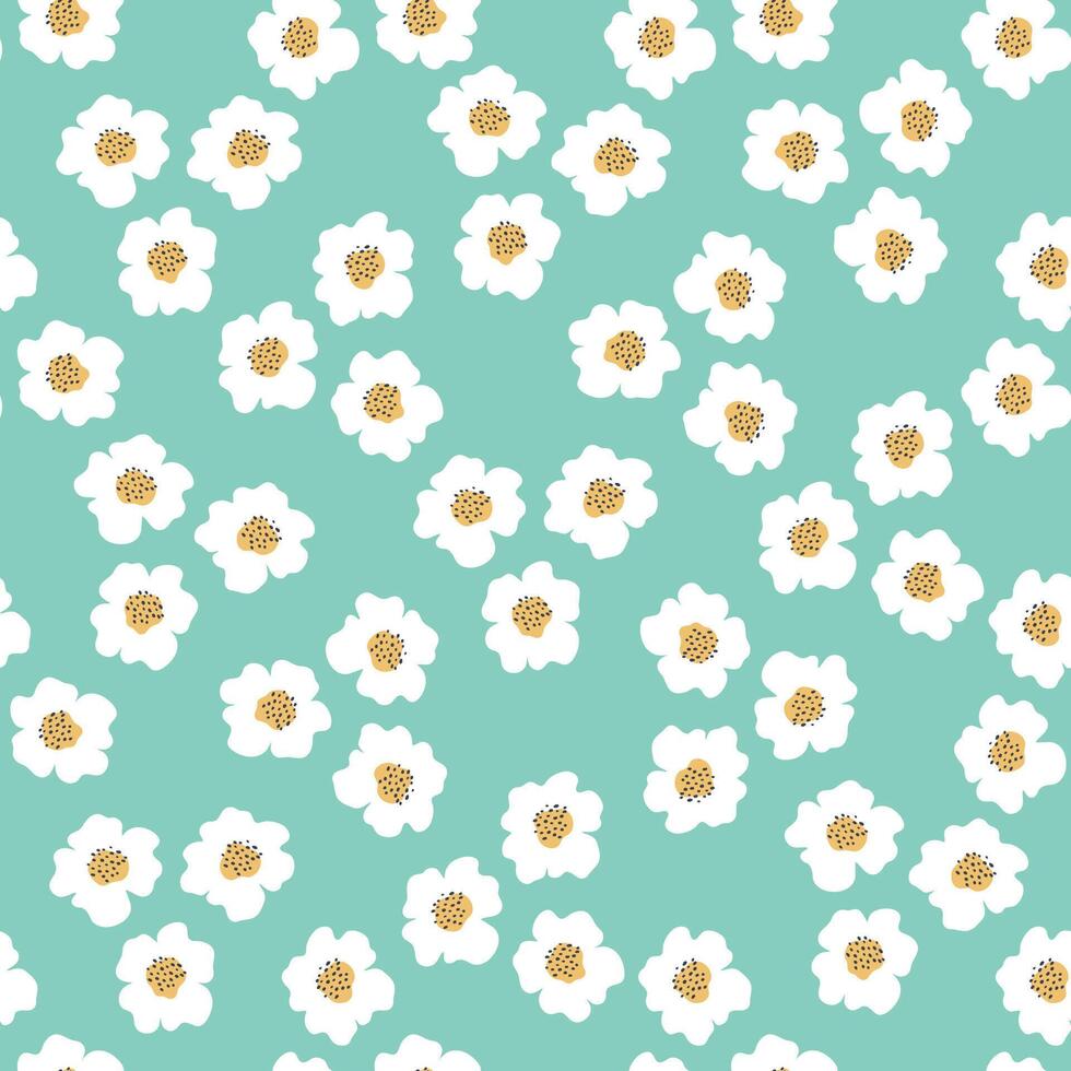 980x980 Floral millefleur seamless pattern. Cute boho tiny flower ornament on green backdrop. Naive art meadow flowers background. Doodle style illustration for fabric, wrapping paper, card