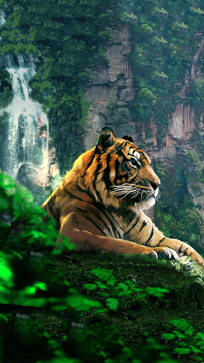 800x1422 Tiger Art, fall, fall scenes, jungle, scenes, tiger, tigers, wild, HD phone wallpaper