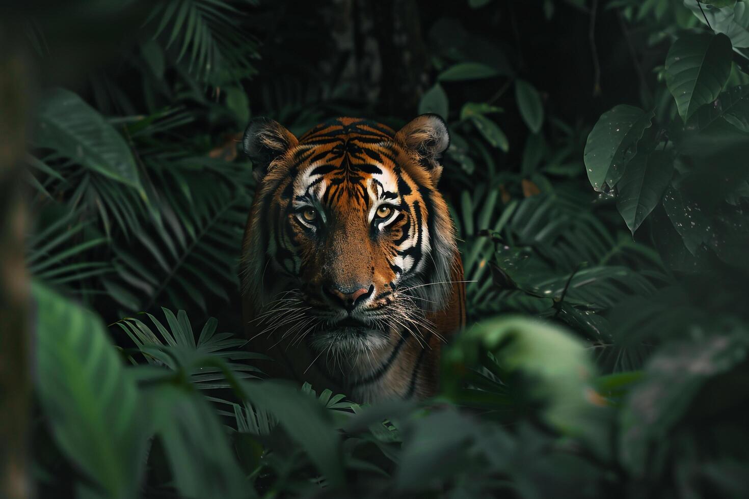 1470x980 Tiger Emerging from the Dense Foliage of a Tropical Forest Nature Background