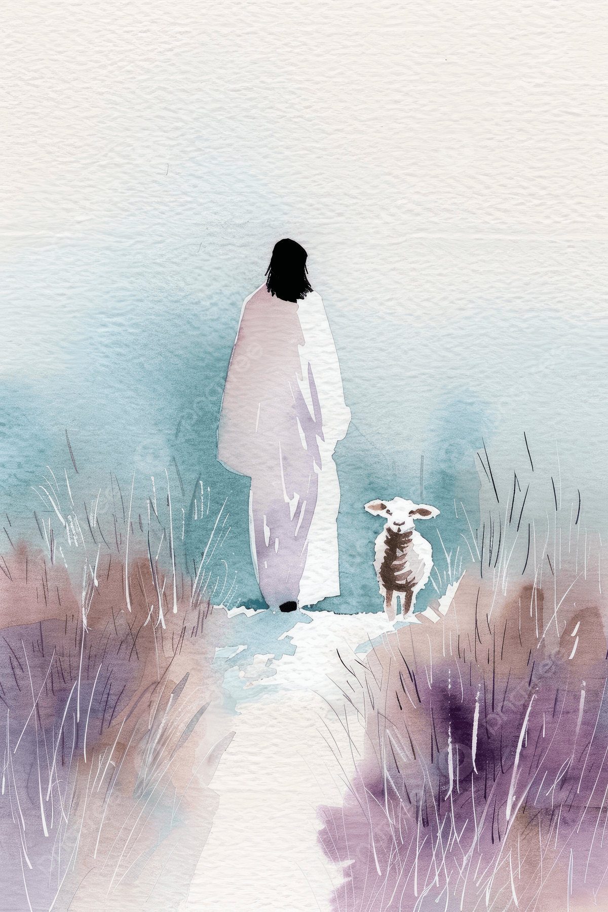 1200x1800 Watercolor Of Jesus Walking On Grass Land With A Baby Lamb Mountain In Bracground Background Wallpaper Image For Free Download