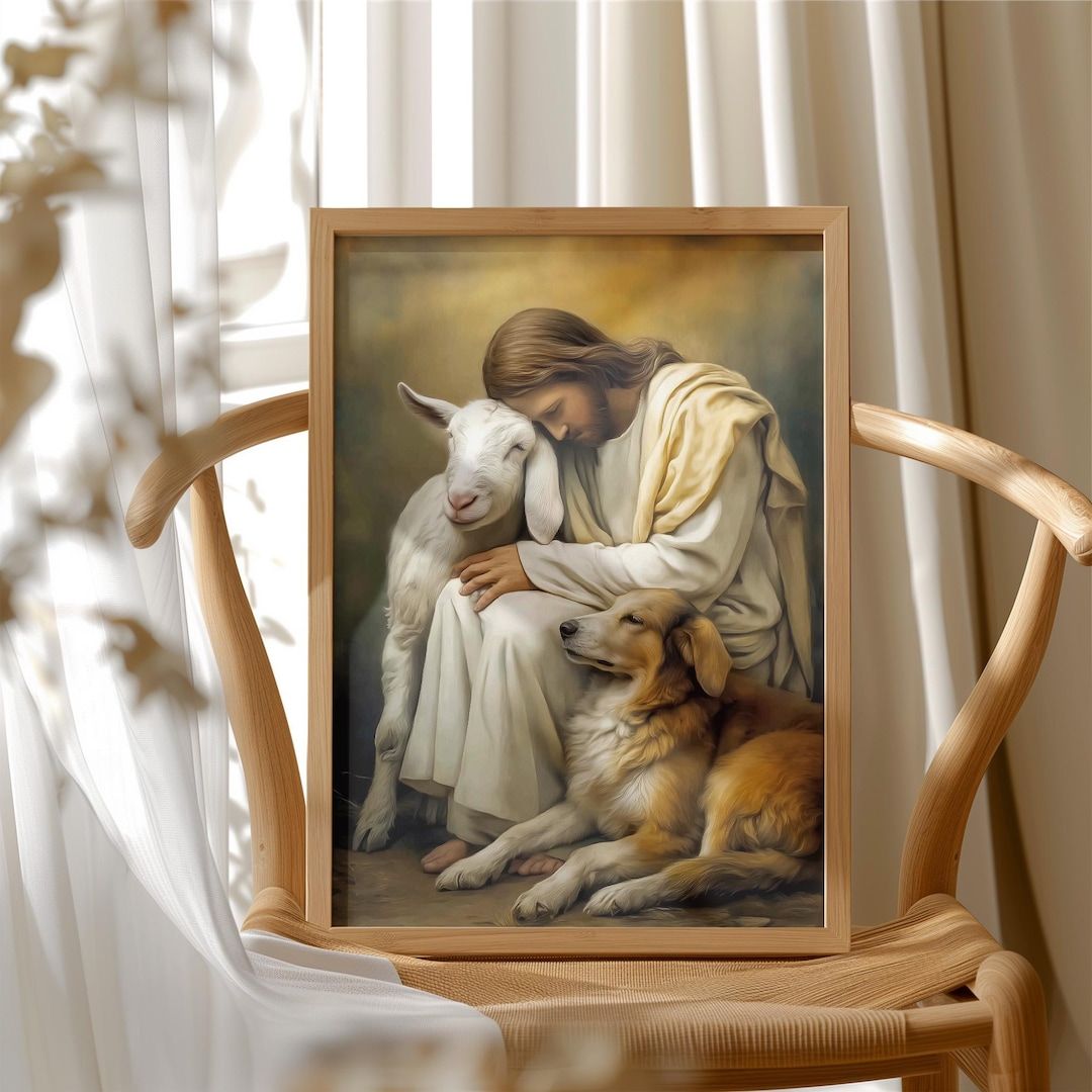 1080x1080 Gentle Shepherd. Jesus With Lamb and Dog in Peaceful Embrace