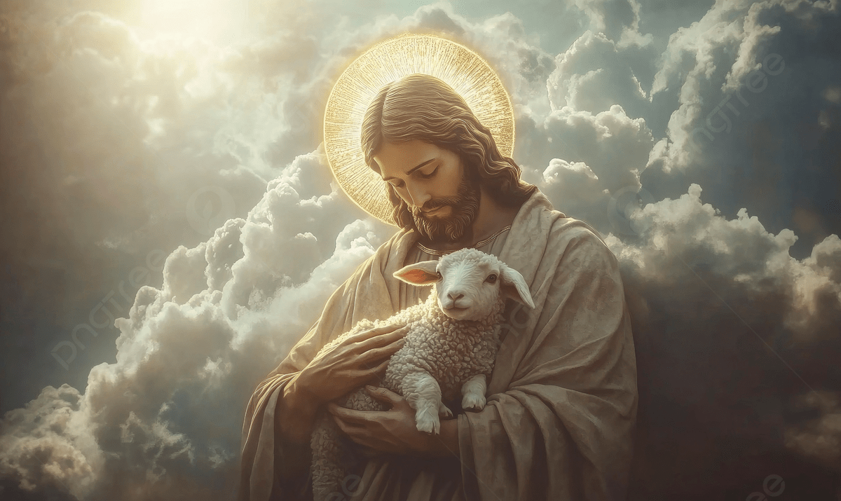1200x715 Jesus Christ Holding A Baby Lamb With Clouds In The Background And Golden Halo Around His Head, Jesus Christ, Lamb, Clouds Background Image And Wallpaper for Free Download