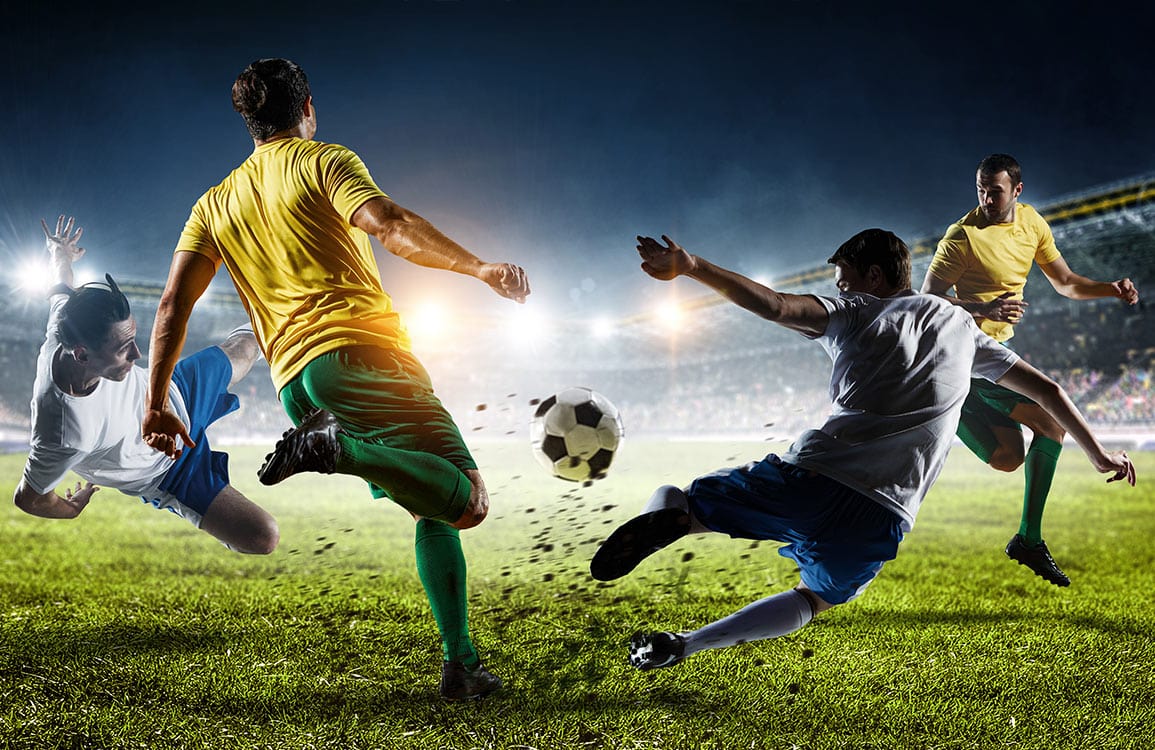 1155x750 Dynamic Football Match Mural Wallpaper Athletic Action Scene in Stadium
