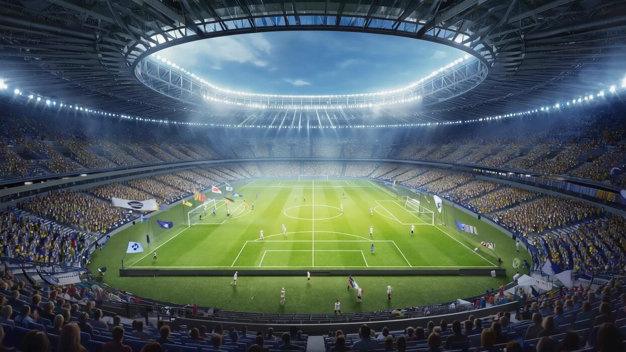 1244x700 Panoramic view of a packed soccer stadium during a live match, with fans cheering, bright stadium lights, and teams playing on a green field under a large open roof, capturing the thrill