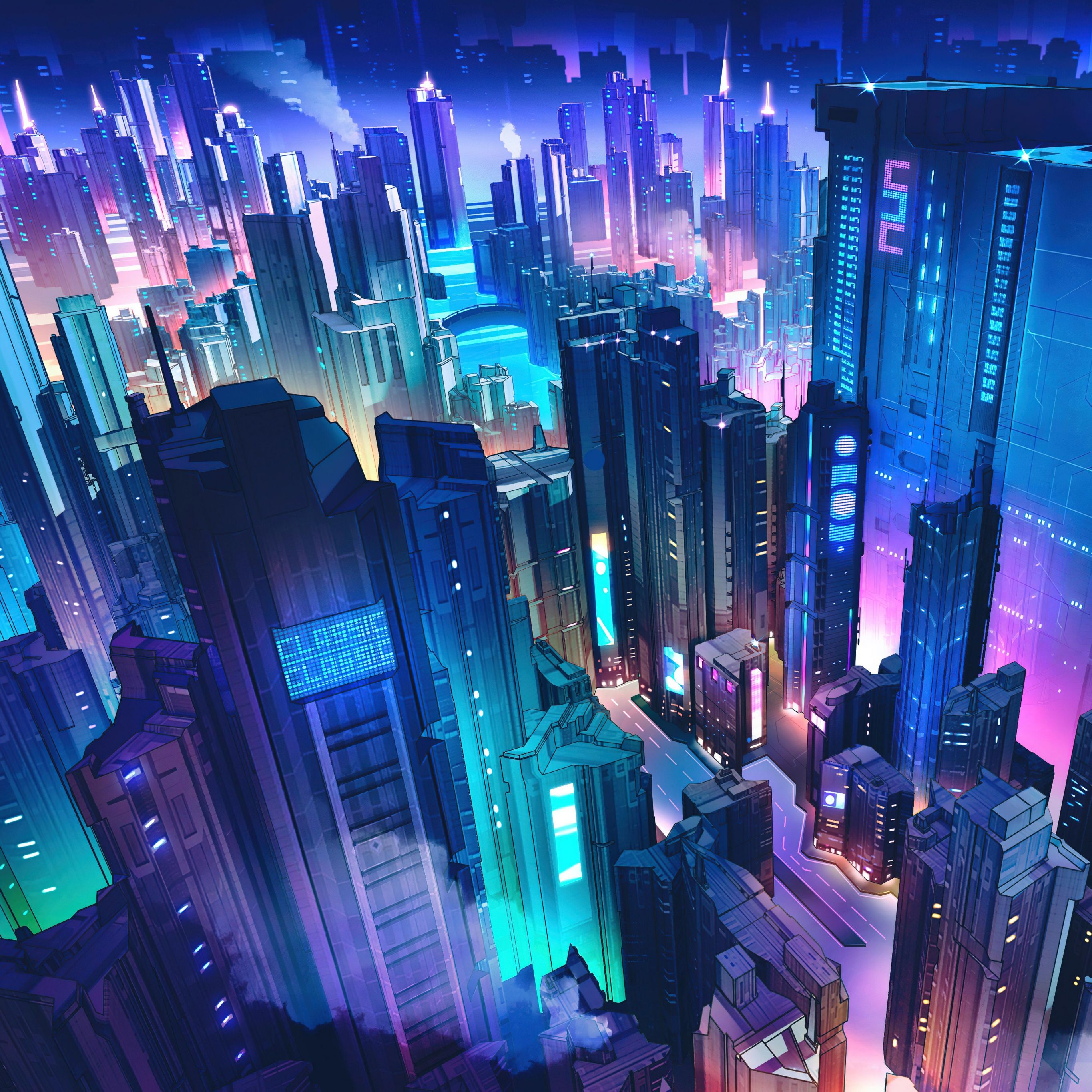 2732x2732 Neon city Wallpaper 4K, Futuristic city, Cyber city