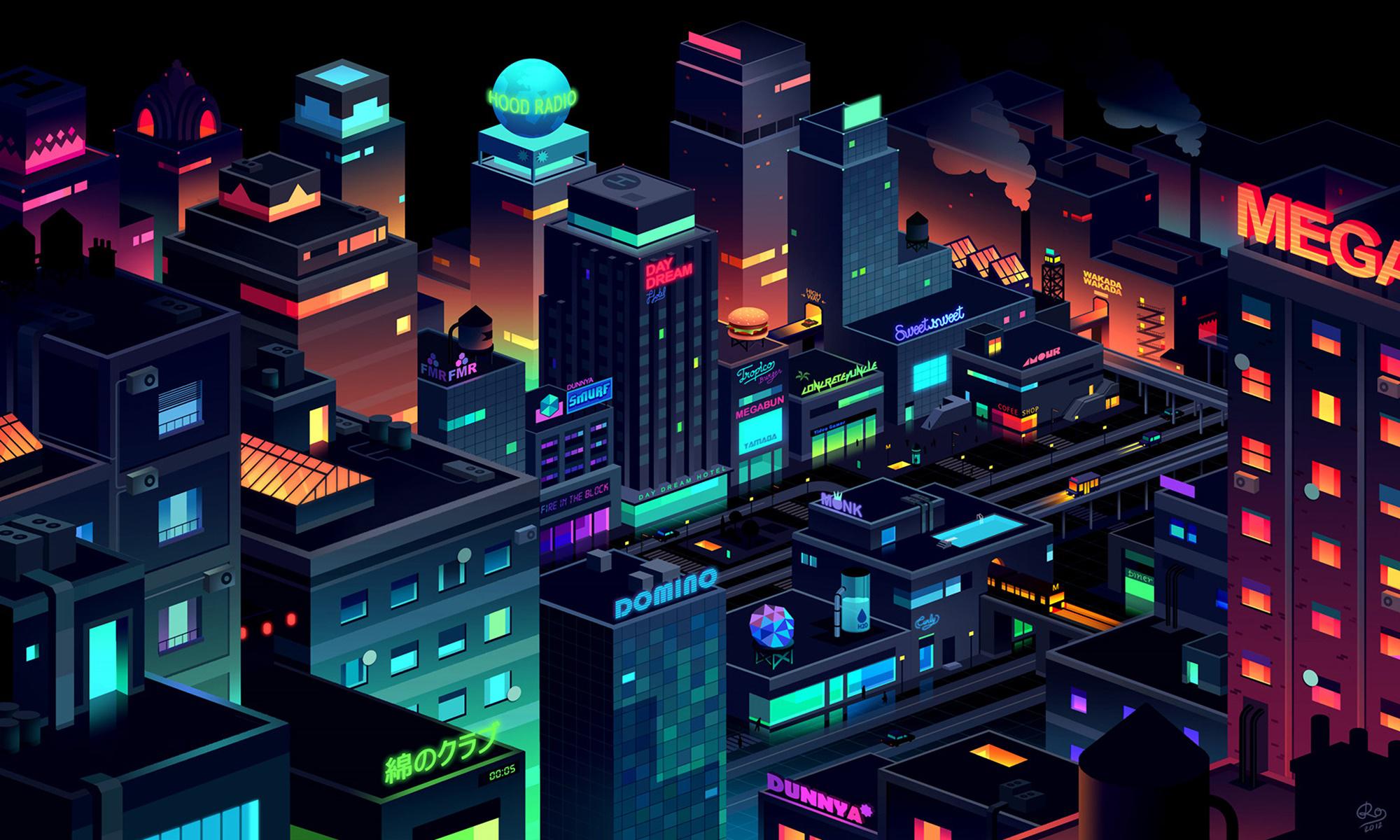 2000x1200 Wallpaper Neon City, City, Illustration, Synthwave, Building, Background Free Image