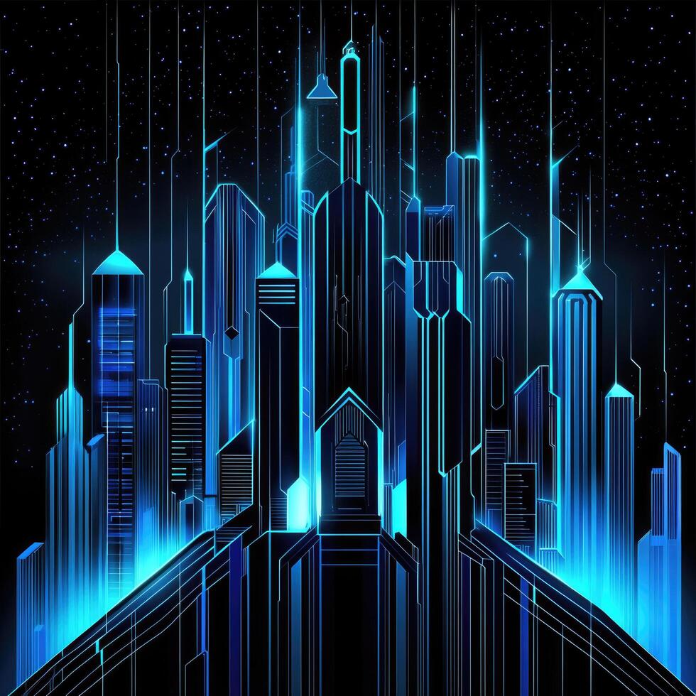 980x980 Glowing Neon Blue Cyberpunk Cityscape Silhouette on Black Starry Night Background Futuristic Architecture