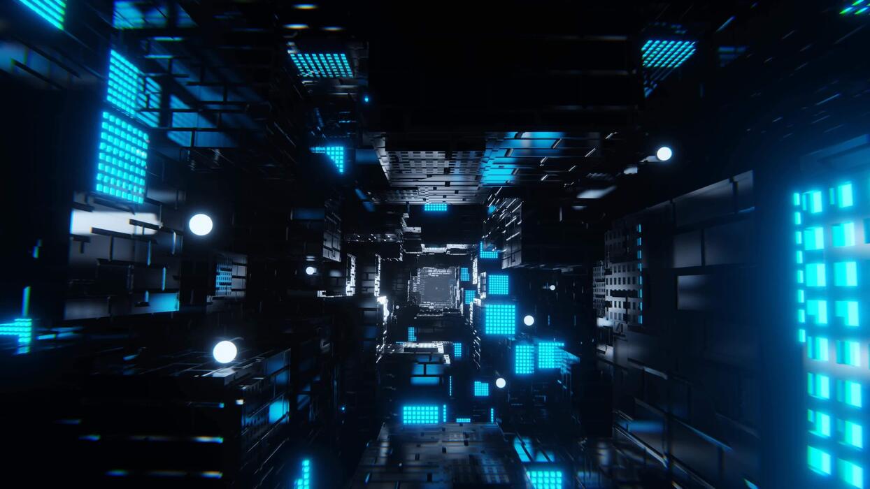 1244x700 Abstract 3D City Tunnel Background. Seamless Loop Animation. Sci Fi Cyberpunk Videogame Style Wallpaper With Blue Neon Glow Sphere Energy. Brick Texture. Bright Light In Dark Space