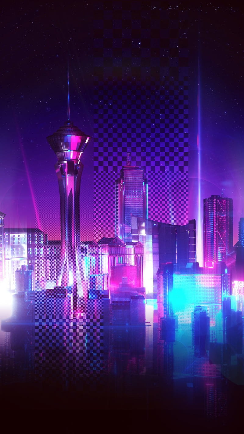 800x1422 Neon City, abstract, abstract digital, blue, city, dark, effect, neon, purple, HD phone wallpaper