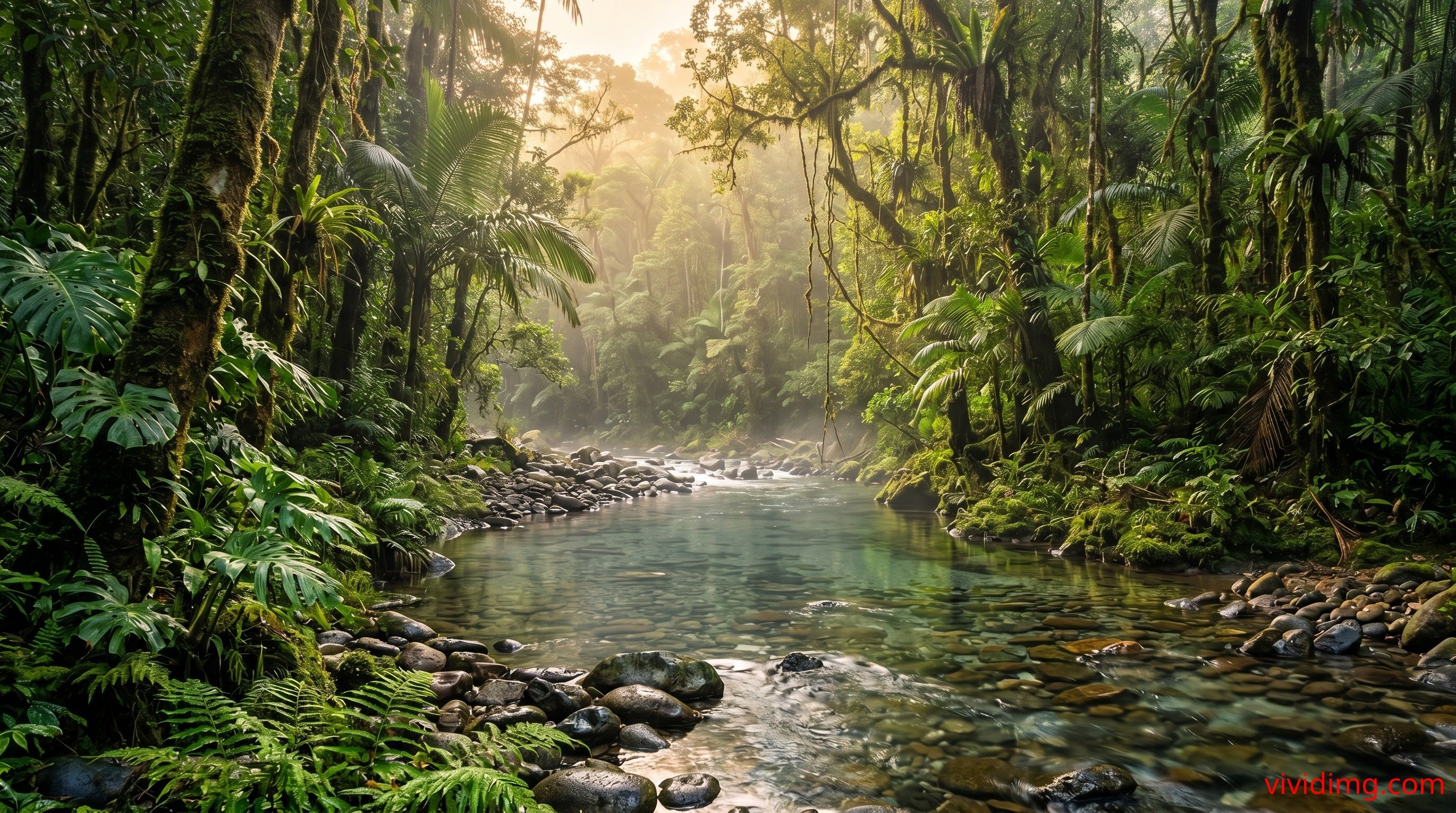 2752x1536 Vivid Image rainforest river glowing beneath soft morning sunlight in breathtaking 8K