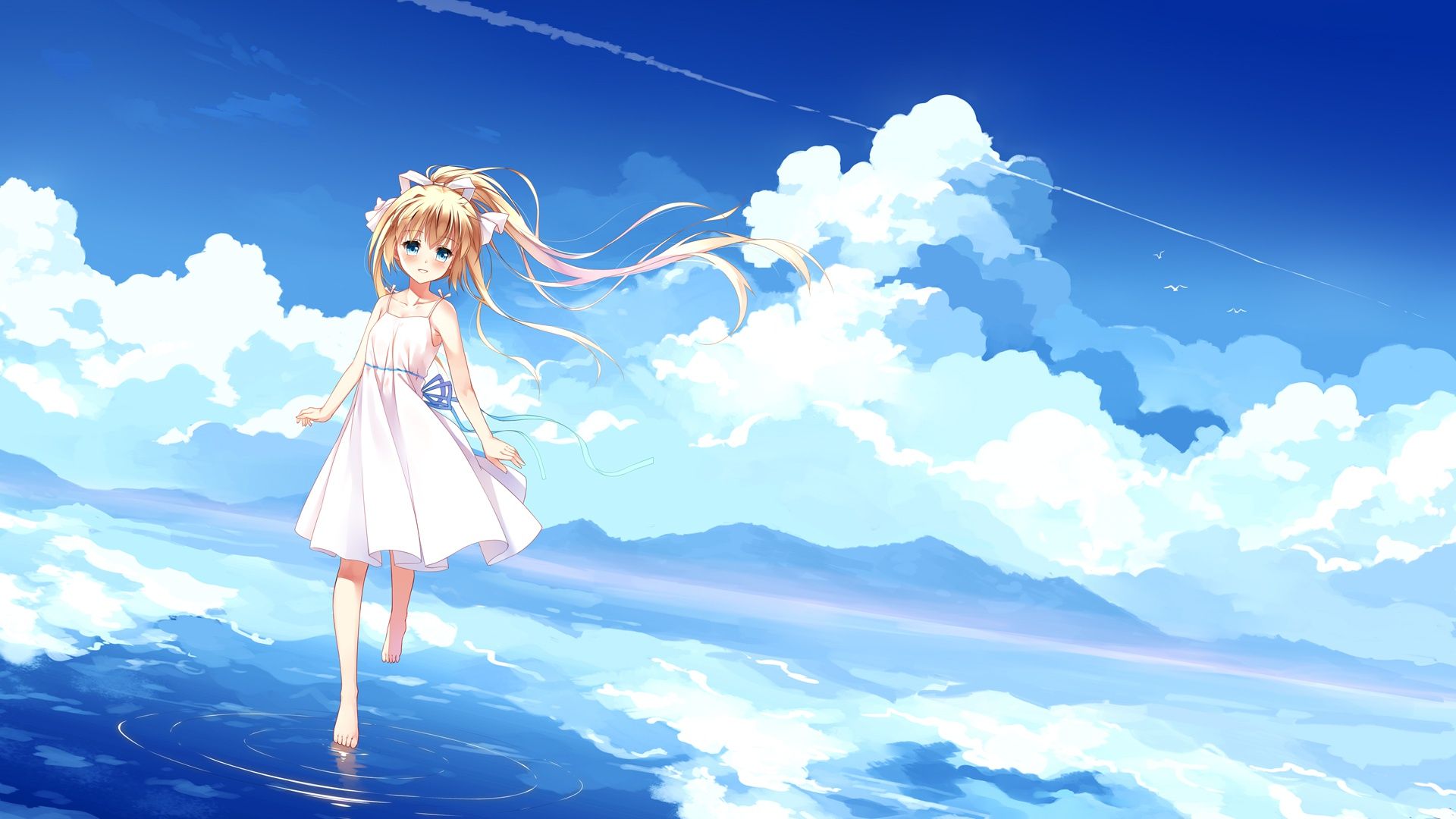 1920x1080 Wallpaper clouds, nature, anime, art, kamio misuzu, Devochka, Air for mobile and desktop, section сёдзё, resolution 1920x1080