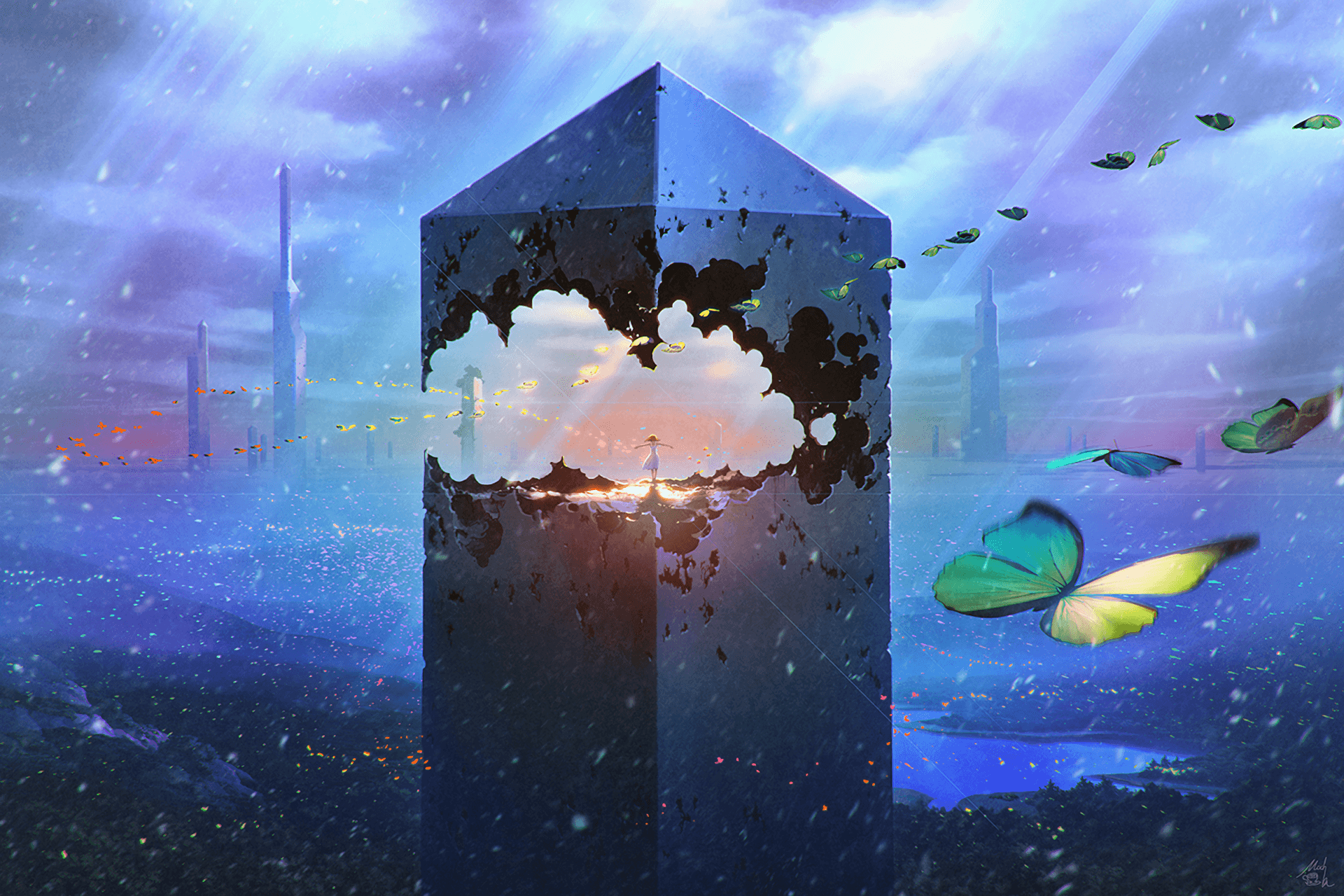 1920x1280 #butterfly, #underwater, #digital art, #fantasy art, #sky, #Obelisk, wallpaper