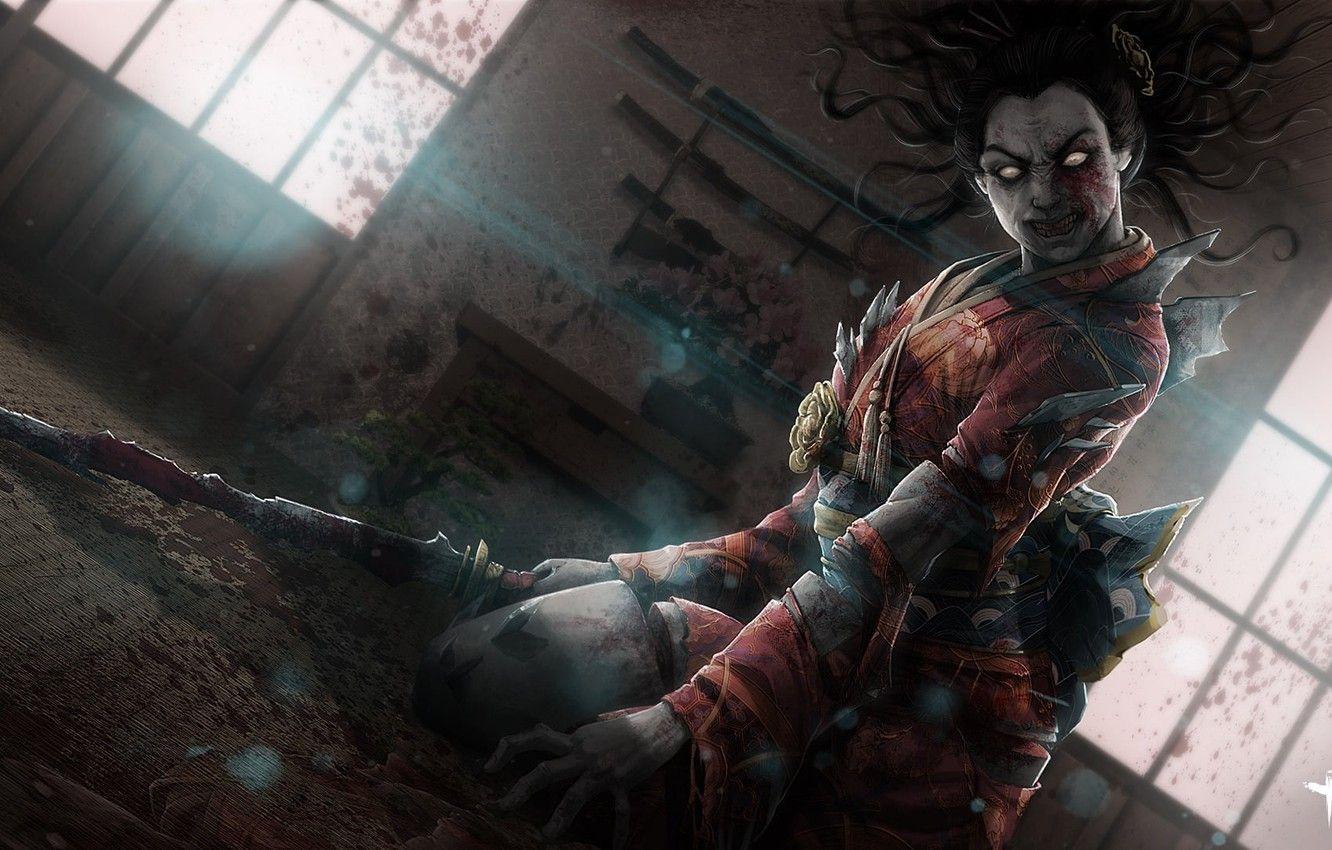 1332x850 Wallpaper katana, geisha, zombies, grin, horror, zombie, Japanese clothing, blood, in the dark, blood spatter, Dead by Daylight, walleye image for desktop, section игры