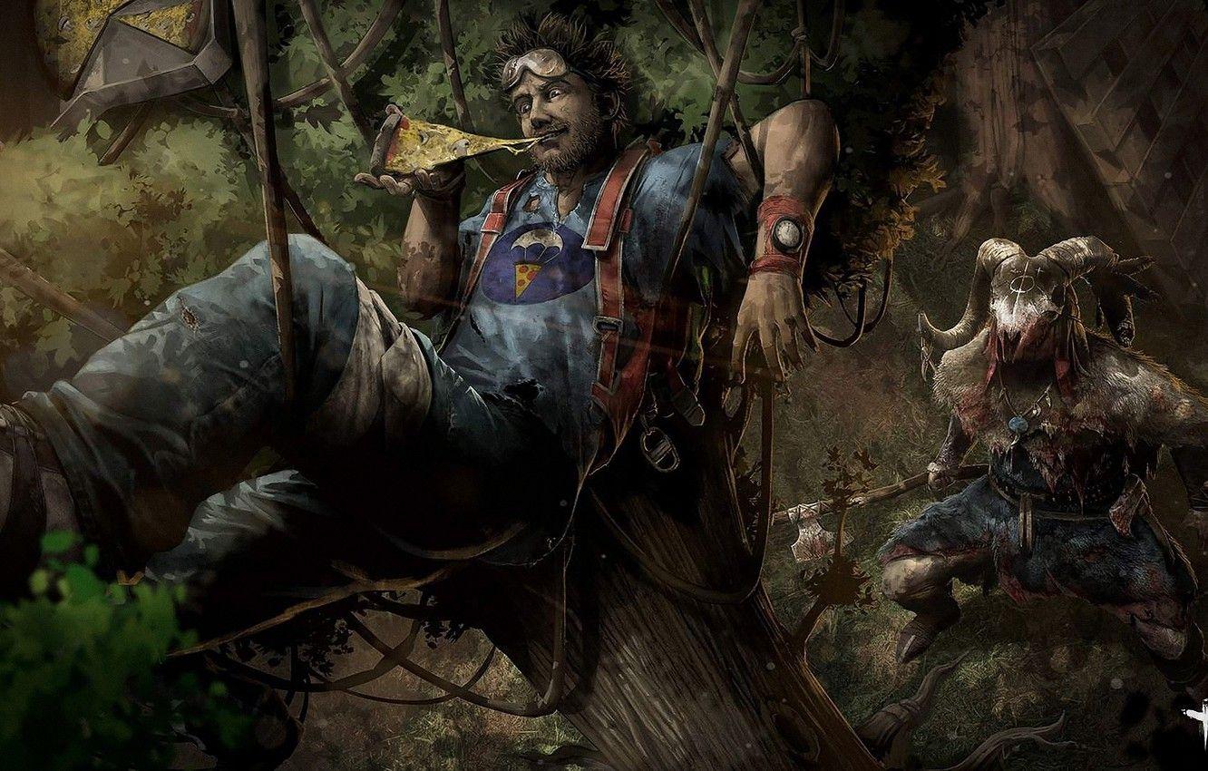 1332x850 Wallpaper tree, blood, watch, skull, monster, guy, axe, pizza, cables, Dead by Daylight image for desktop, section игры