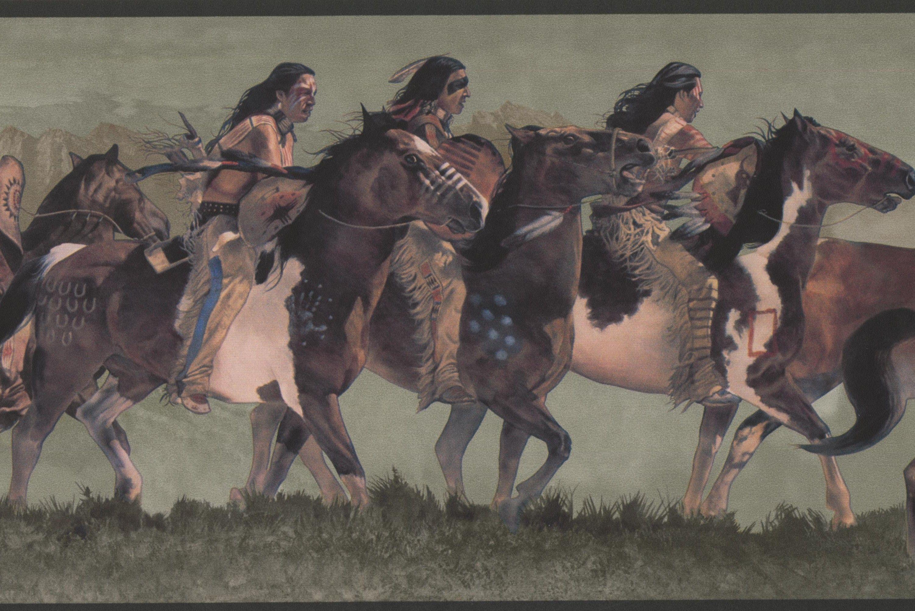 3003x2005 Indians Riding on Horses Green Wallpaper Border Retro Design, Roll 15' x 7''