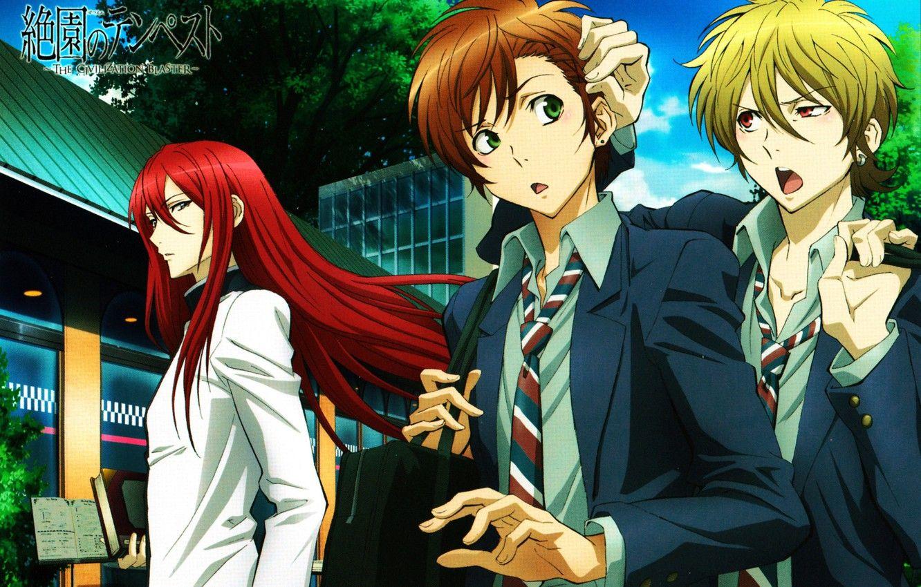 1332x850 Wallpaper street, tie, friends, three, art, green eyes, students, zetsuen no tempest, ren saizaki, yoshi'no taki partition, mahiro fuwa, samon kusaribe image for desktop, section прочее