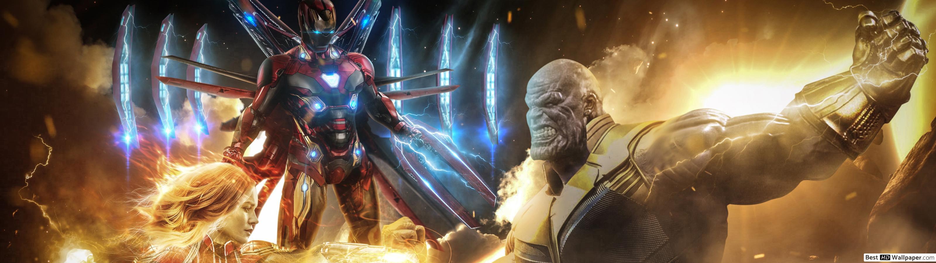 3200x900 Captain Marvel & Iron Man Vs Thanos HD wallpaper download