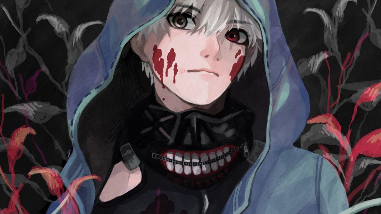 1244x700 Male bicolored eyes hoodie kaneki ken male mask petitster short hair tokyo ghoul white hair wallpaperx1152