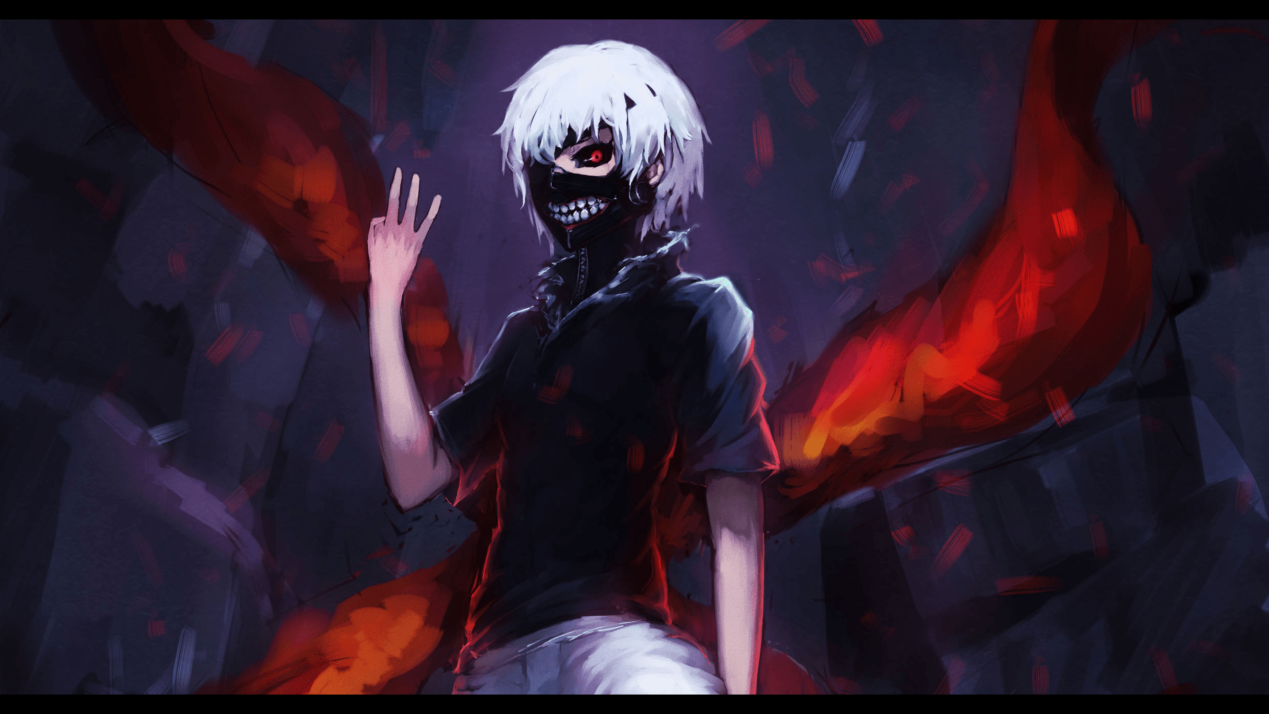 2480x1395 Anime Boy Kagune Tokyo Ghoul Ken Kaneki Mask Red Eyes Shirt Teeth Tokyo Ghoul White Hair Wallpaper:2480x1395