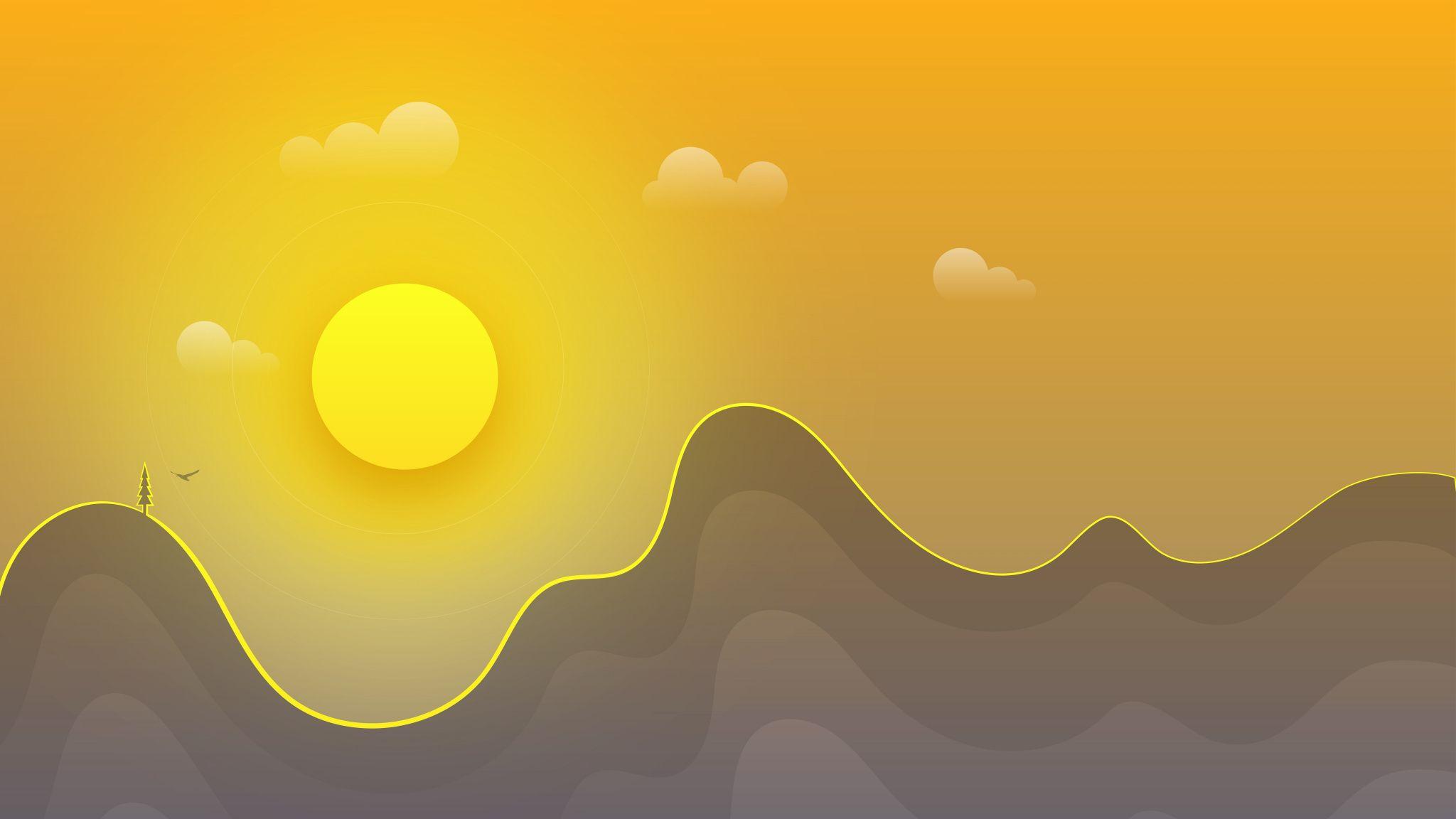 2048x1152 Download Sun, summer, yellow sky, mountains, minimal, landscape wallpaper, 2048x Dual Wide, Widescreen