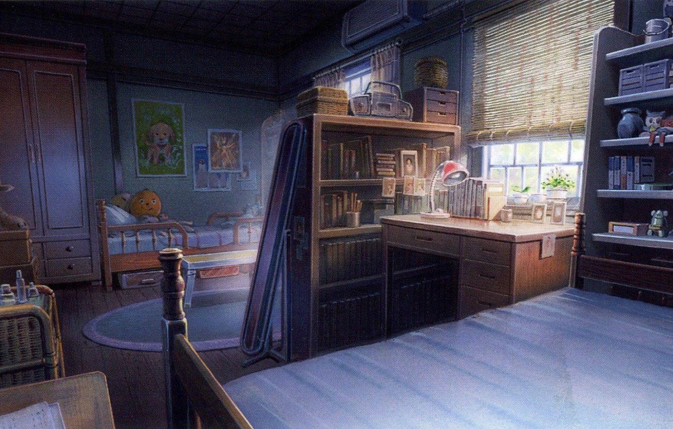 1332x850 Wallpaper table, room, toys, books, lamp, bed, window, wardrobe, art, shelves, the Girl who Leapt through Time, Nidzo Ymamoto, The girl who conquered time image for desktop, section прочее