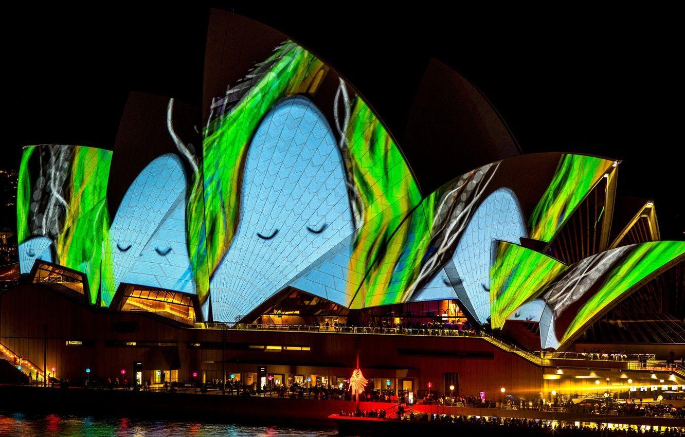 1332x850 Wallpaper night, the city, lights, green, glare, darkness, people, blue, the building, lighting, Australia, show, Sydney, ghosts, megapolis, illumination image for desktop, section город