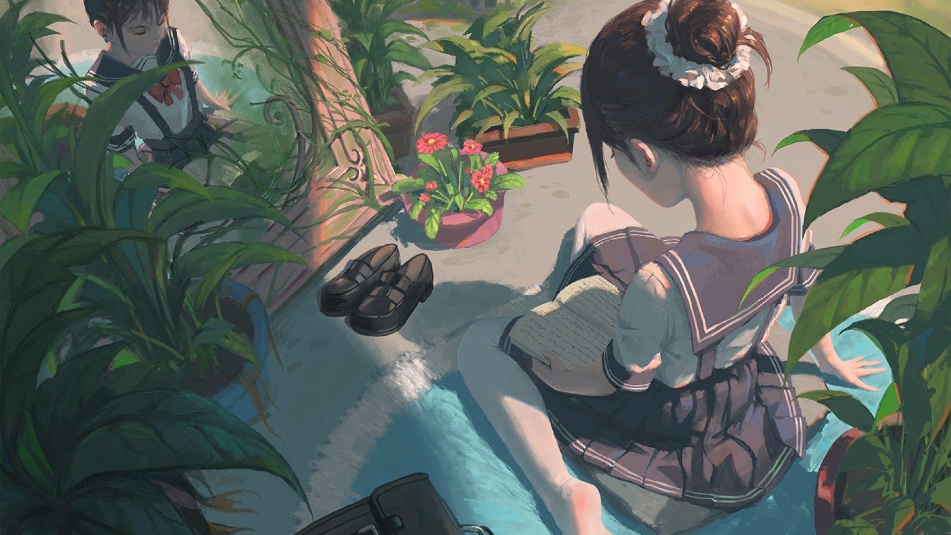 1920x1080 Download 1920x1080 Anime School Girl, Uniform, Reading, Book, Relaxing, Flowers Wallpaper for Widescreen