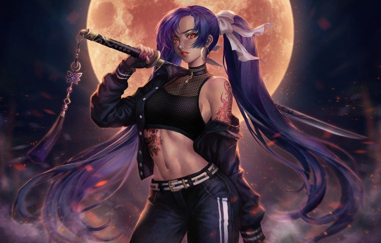 1332x850 Wallpaper Girl, Night, Figure, The moon, Style, Girl, Sword, Moon, Tattoo, Tattoo, Art, Art, Style, Night, Katana, Tattoo image for desktop, section арт
