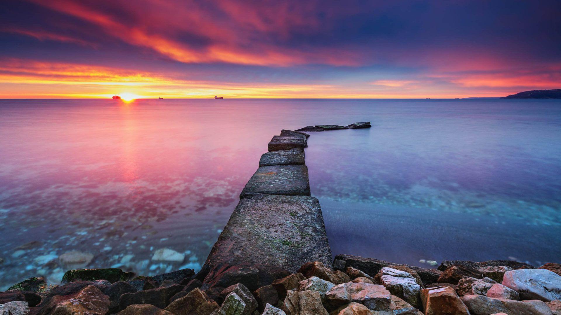 1920x1080 Sunrise Over The Sea Red Clouds Horizon Image For Wallpaper HD :
