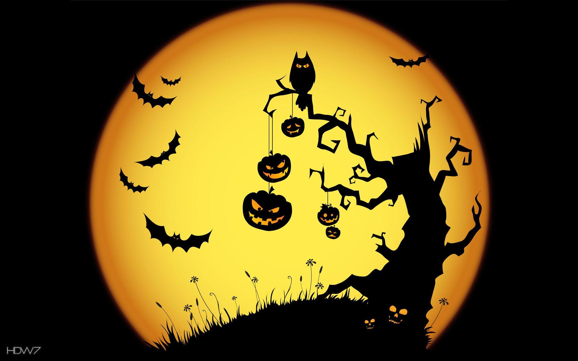 1920x1200 halloween scary night owl bats jack o lanterns tree yellow holiday. HD wallpaper gallery