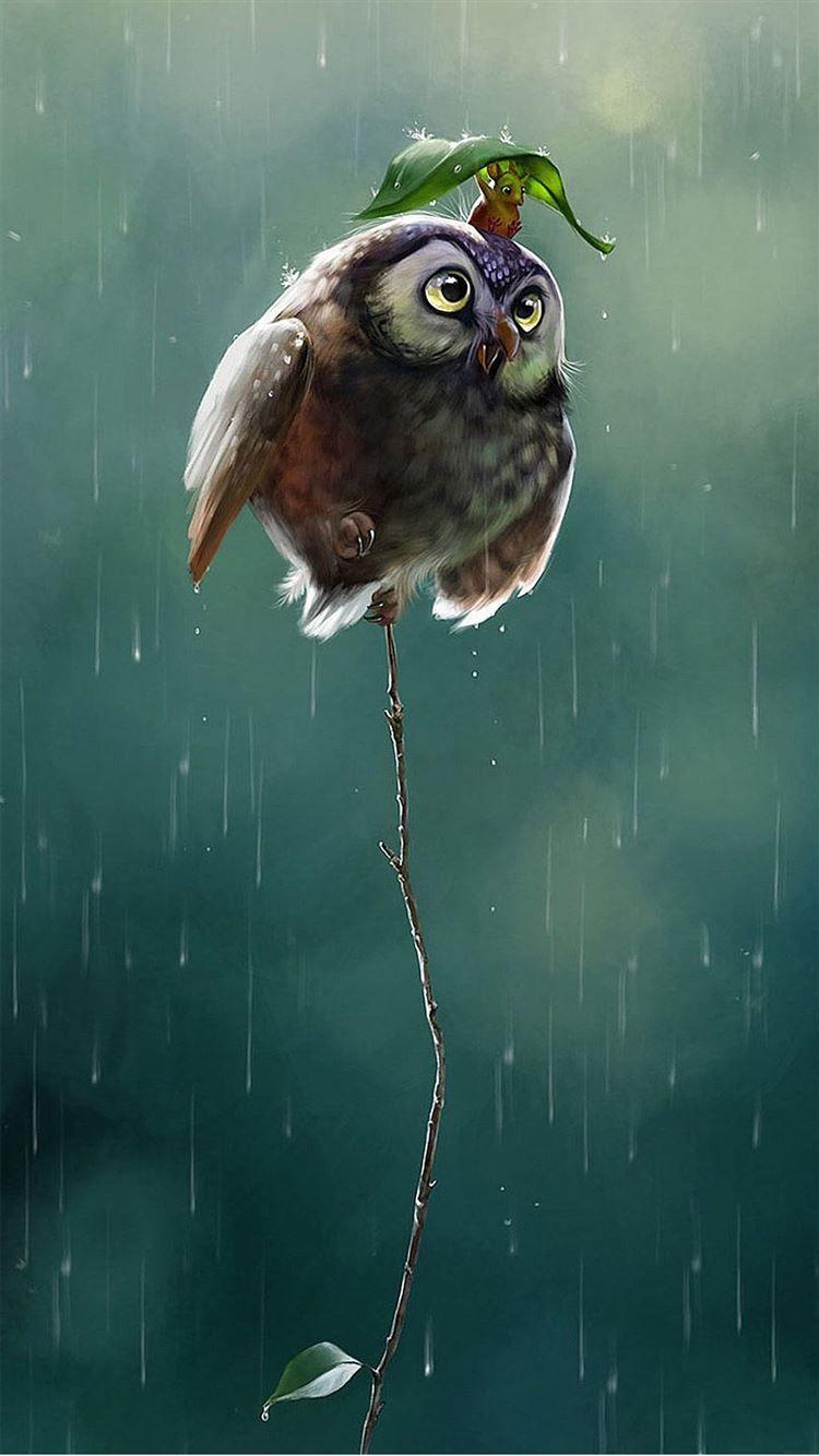 750x1334 Cute Owl Flying High Rainy Day Covering Leaf iPhone 8 Wallpaper Free Download