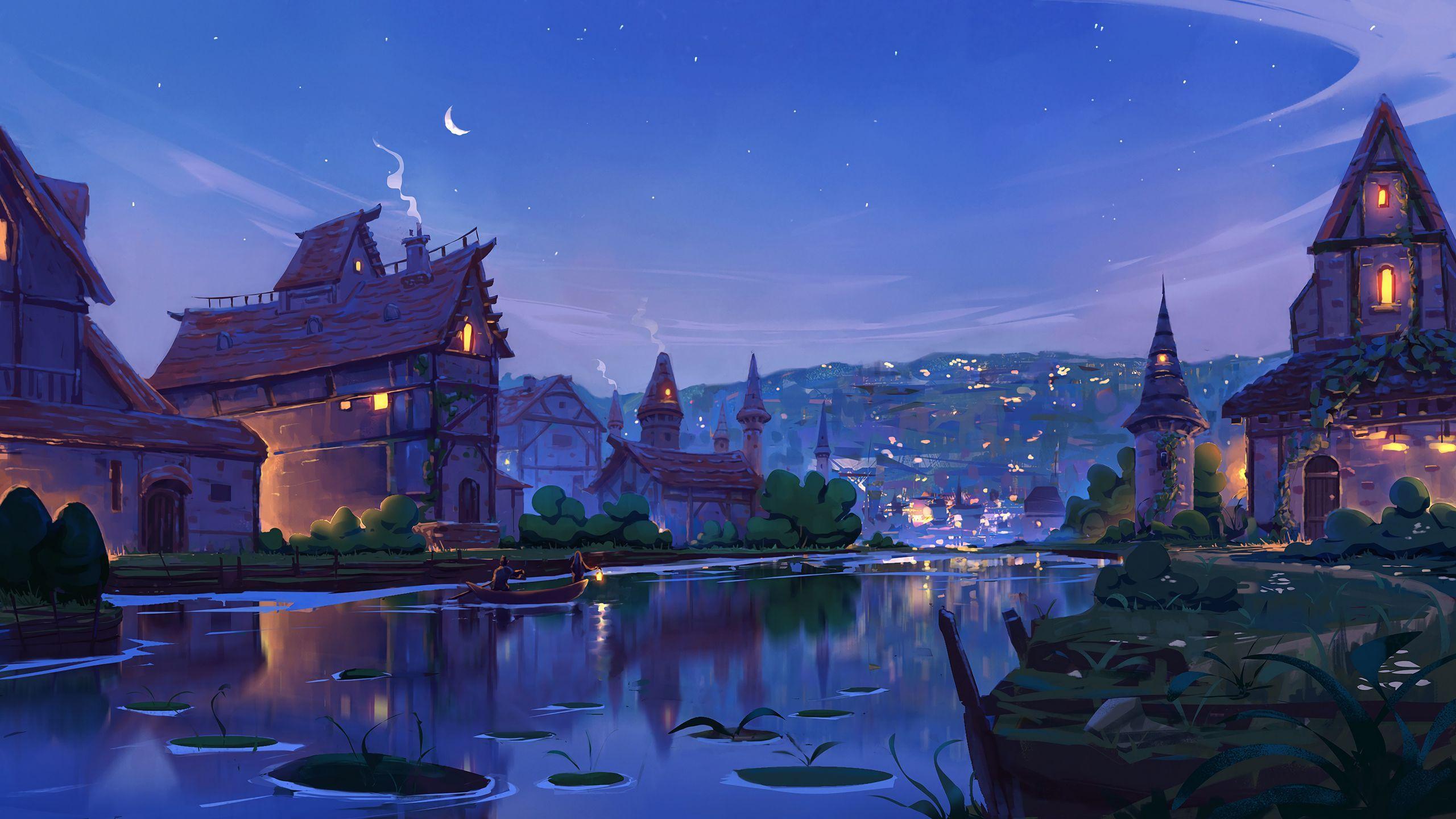 2560x1440 Download wallpaper 2560x1440 river, home, art, evening, fabulous widescreen 16:9 HD background